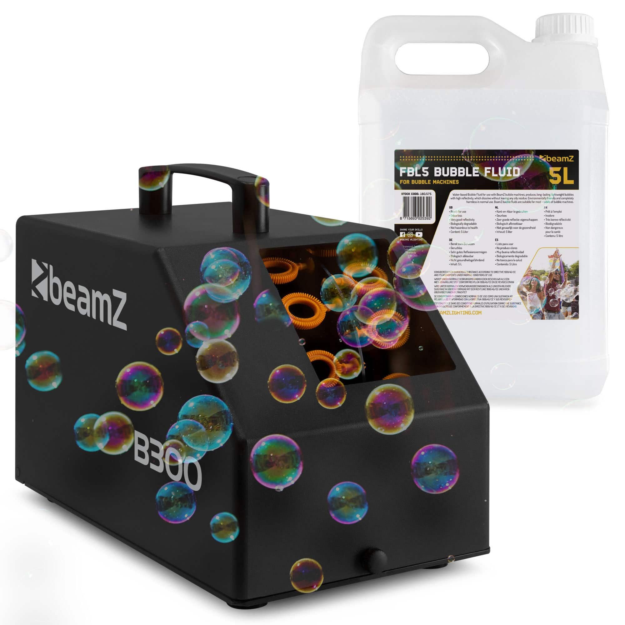 BeamZ B300 - Máquina de Burbujas compacta con Mando Remoto, 5L de líquido Incluido, depósito 700 ml, Ligera y portátil, Ideal para Fiestas Infantiles, Halloween, Eventos y Celebraciones