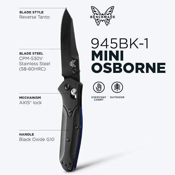 Benchmade - 945BK-1 Mini Osbone Knife, Reverse Stunt Blade, Plain Edge, Black/Blue, Baselayer, G10 Handle