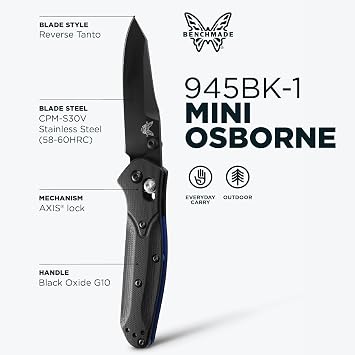 Benchmade - 945BK-1 Mini Osbone Knife, Reverse Stunt Blade, Plain Edge, Black/Blue, Baselayer, G10 Handle