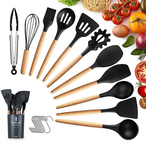 KagoLing Utensilios Cocina de Silicona, Juego de Utensilios de Cocina Resistentes al Calor y Antiadherentes con Mango de Madera 12 Piezas+10 S Ganchos para Utensilios (Negro) - Negro