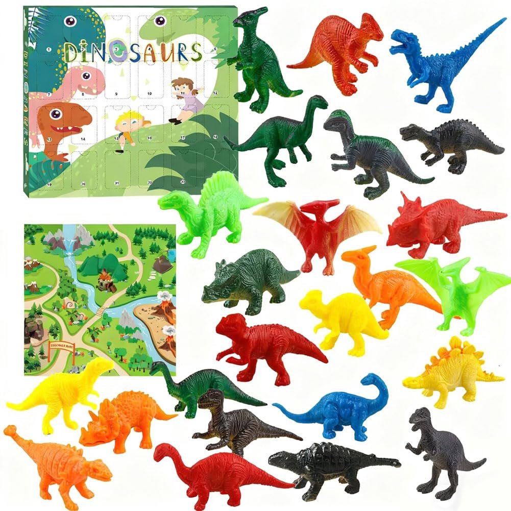 Calendrier de l'Avent 2025, Calendrier Compte à Rebours de Noël 24 Jours avec 24 Dinosaure Figurines Mini Dinosaure Jouet Boîte Aveugle Surprise de Noël Décoration de Noëls Cadeaux pour Enfants