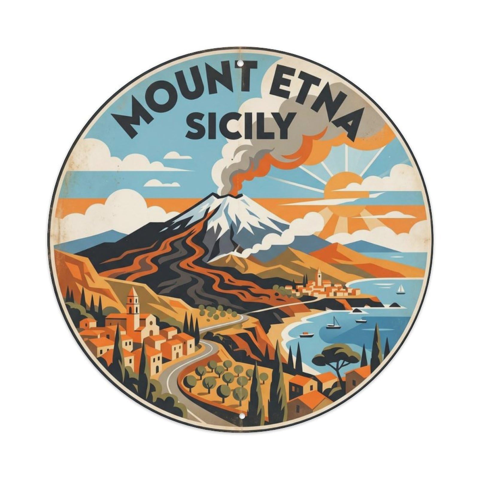 Vintage Travel Mount Etna Sicily Metal Tin Sign Plaque Wall Decor for Cafe, Club Bar, Office, Home Garden Round Metal Poster 8x8Inch