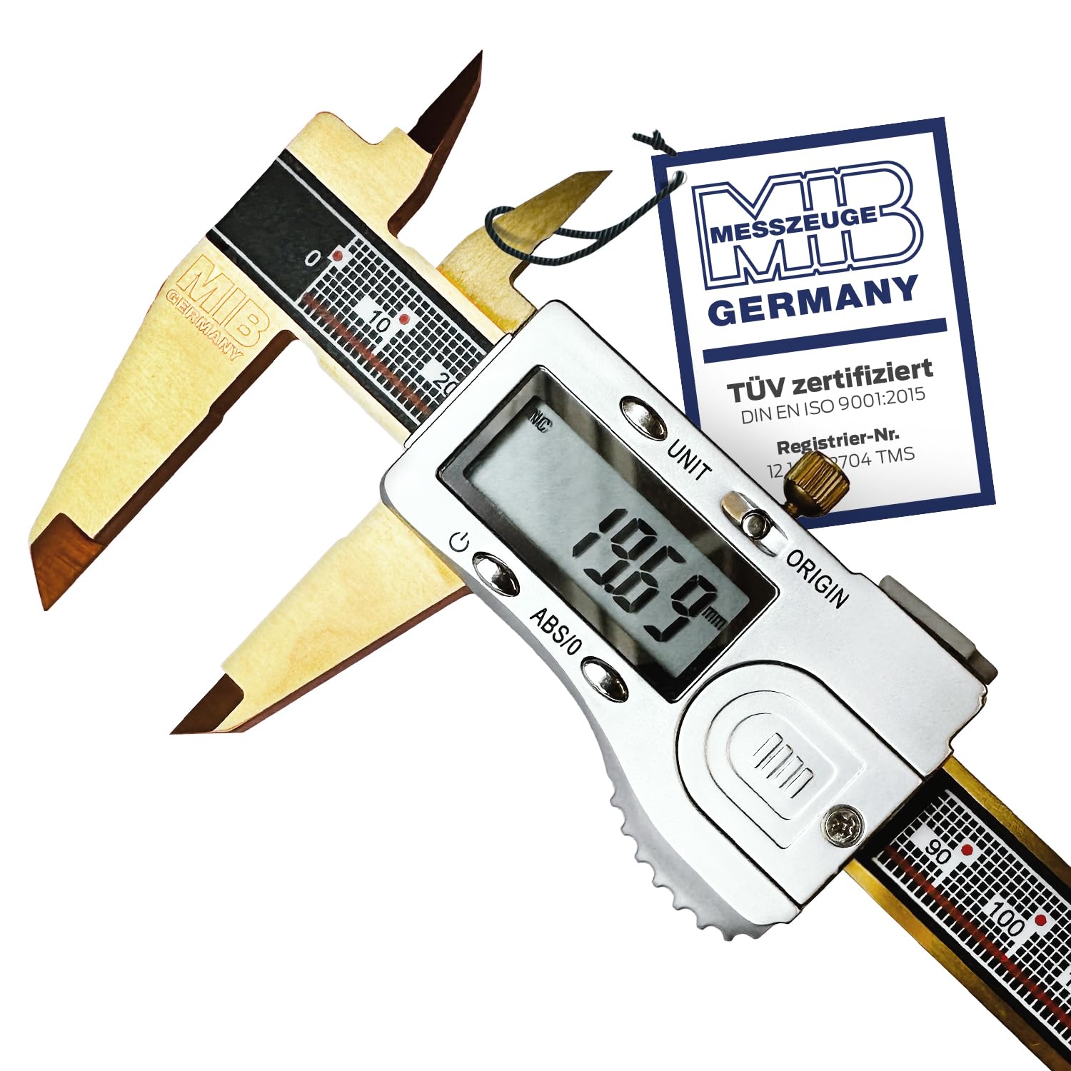 MIB Calibro digitale con sistema assoluto e rivestimento TiN DIN 862, 150 mm, misuratore di precisione, misurazione a 4 livelli, calibrazione, set di utensili digitali con batteria da 3 V e scatola di