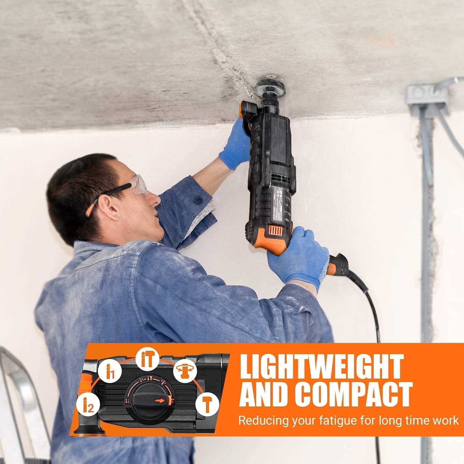 A person using the rotary hammer to drill into a concrete ceiling, demonstrating its lightweight and compact design