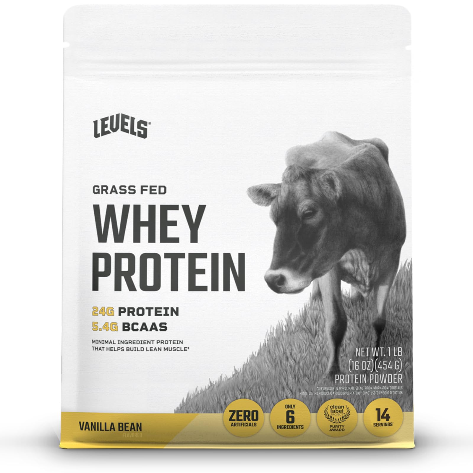 Levels Nutrition Grass Fed 100% Whey Protein, No Hormones, Vanilla Bean, 1LB
