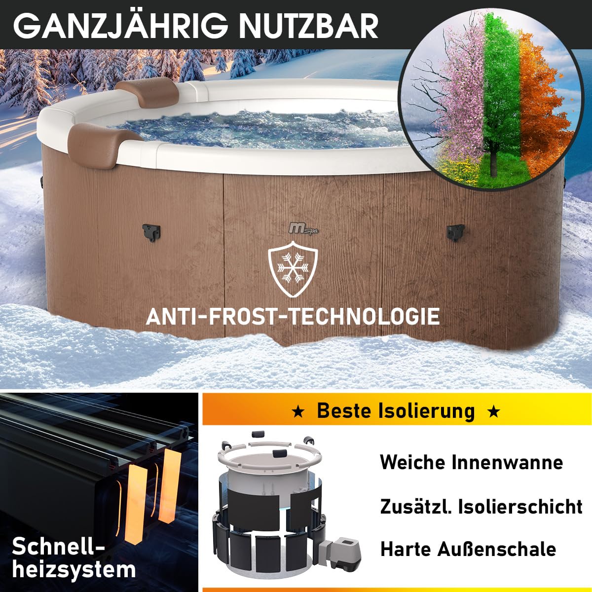 BRAST Whirlpool MSpa Rova mit Fester Außenwand | Ø182x70cm | LED-Beleuchtung mit 20 einstellbaren Farben für 6 Personen | 130 Massagedüsen | Ganzjähriger Einsatz Winterfest | In & Outdoor Pool