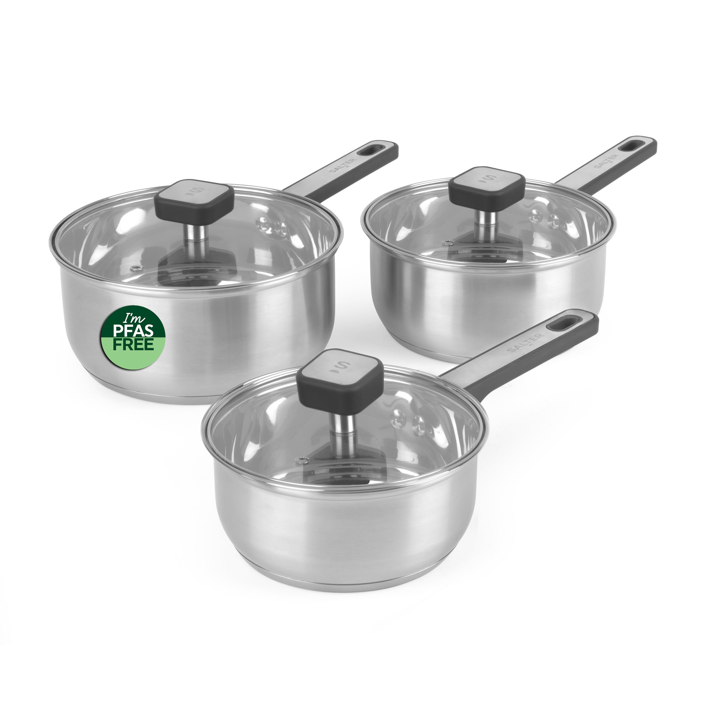 Salter Expert 3-Piece Saucepan Set – 16/18/20 cm Cooking Pots with Glass Lids, PPAS-Free Stainless Steel, Cool Touch Heat-Resistant Handles, Even Heating, Induction Suitable