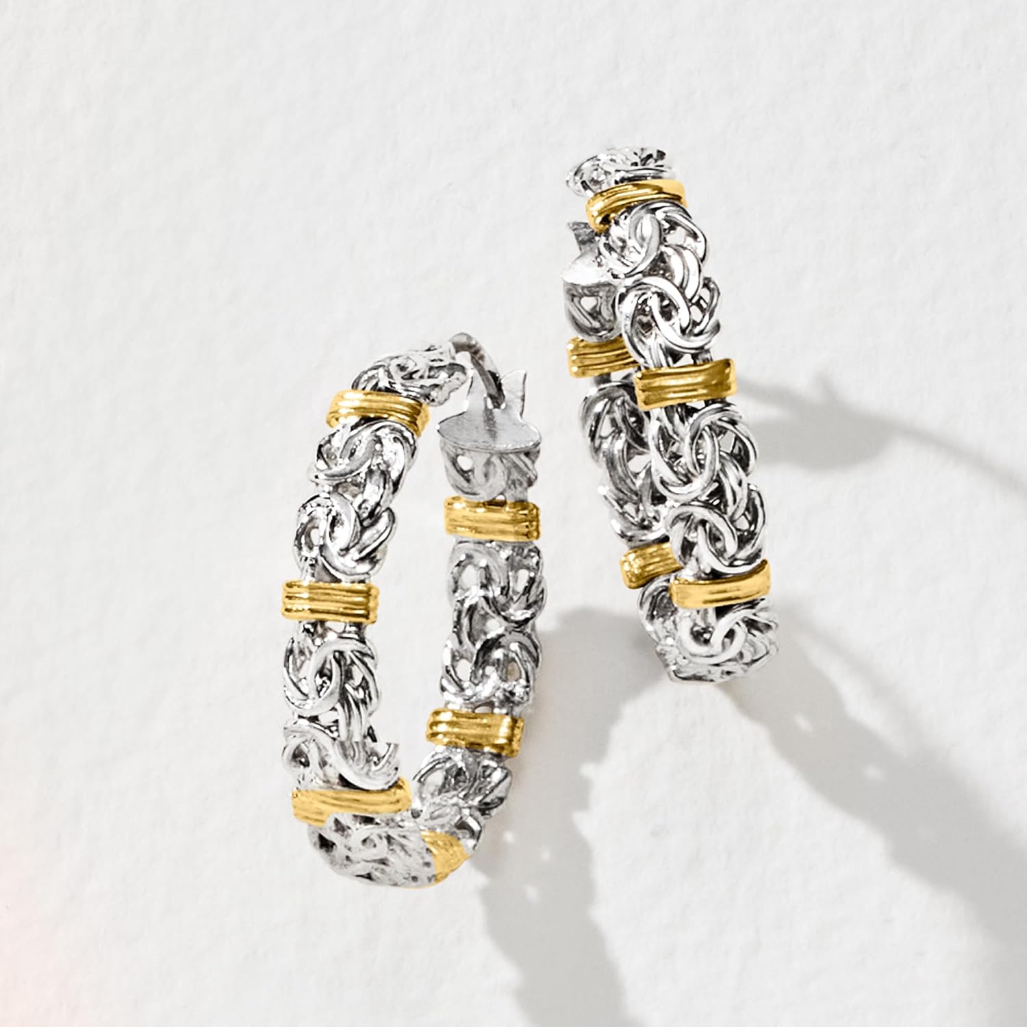 Ross-Simons Byzantine Station Hoop Earrings in Sterling Silver With 14kt Yellow Gold