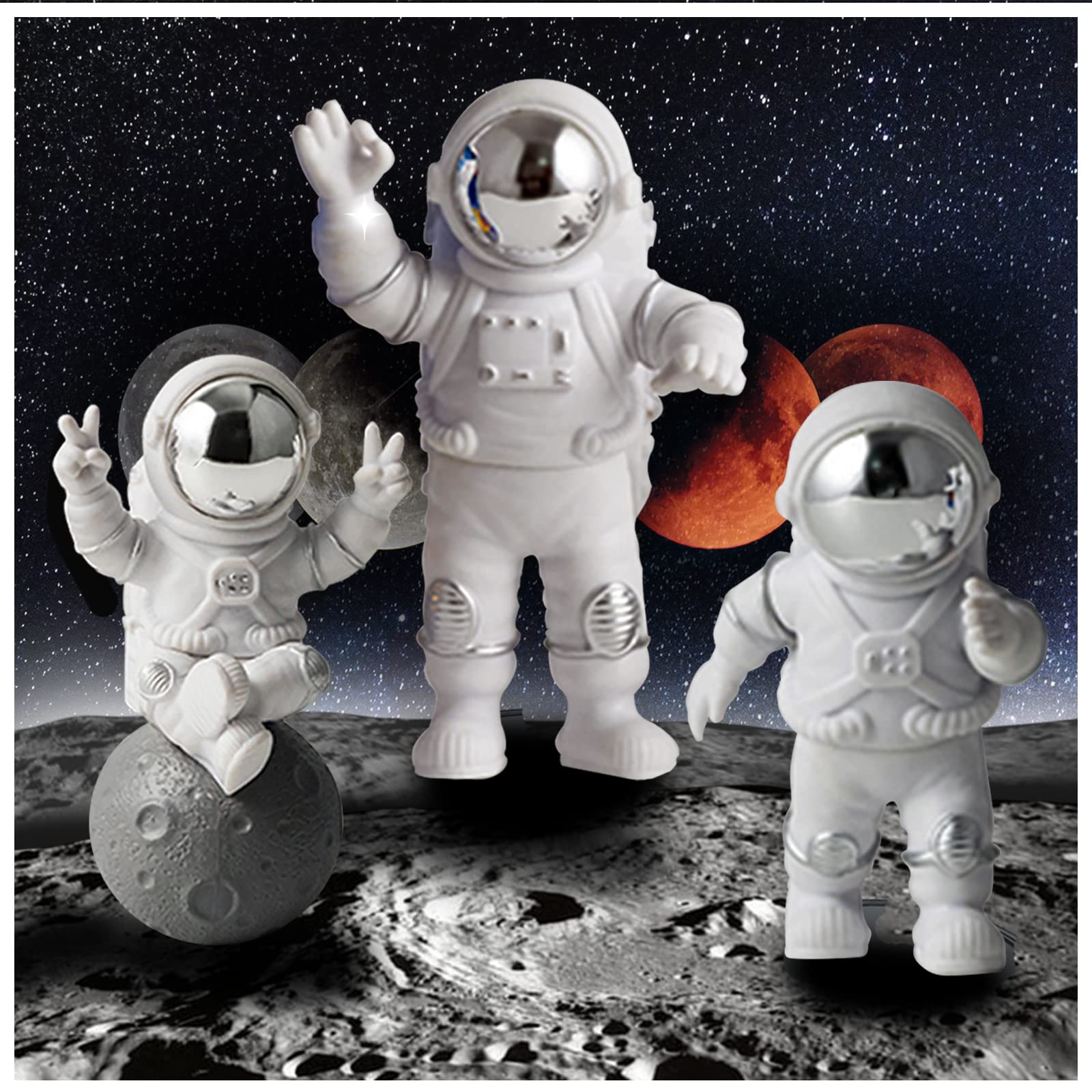 WINUSD Astronaut Figurine, Set of 3 Mirror Astronaut Statue Decor, Resin Spaceman Figure for Cake Topper Desktop Ornament Space-Themed Bedroom Decor and Craft Gift (Silver)