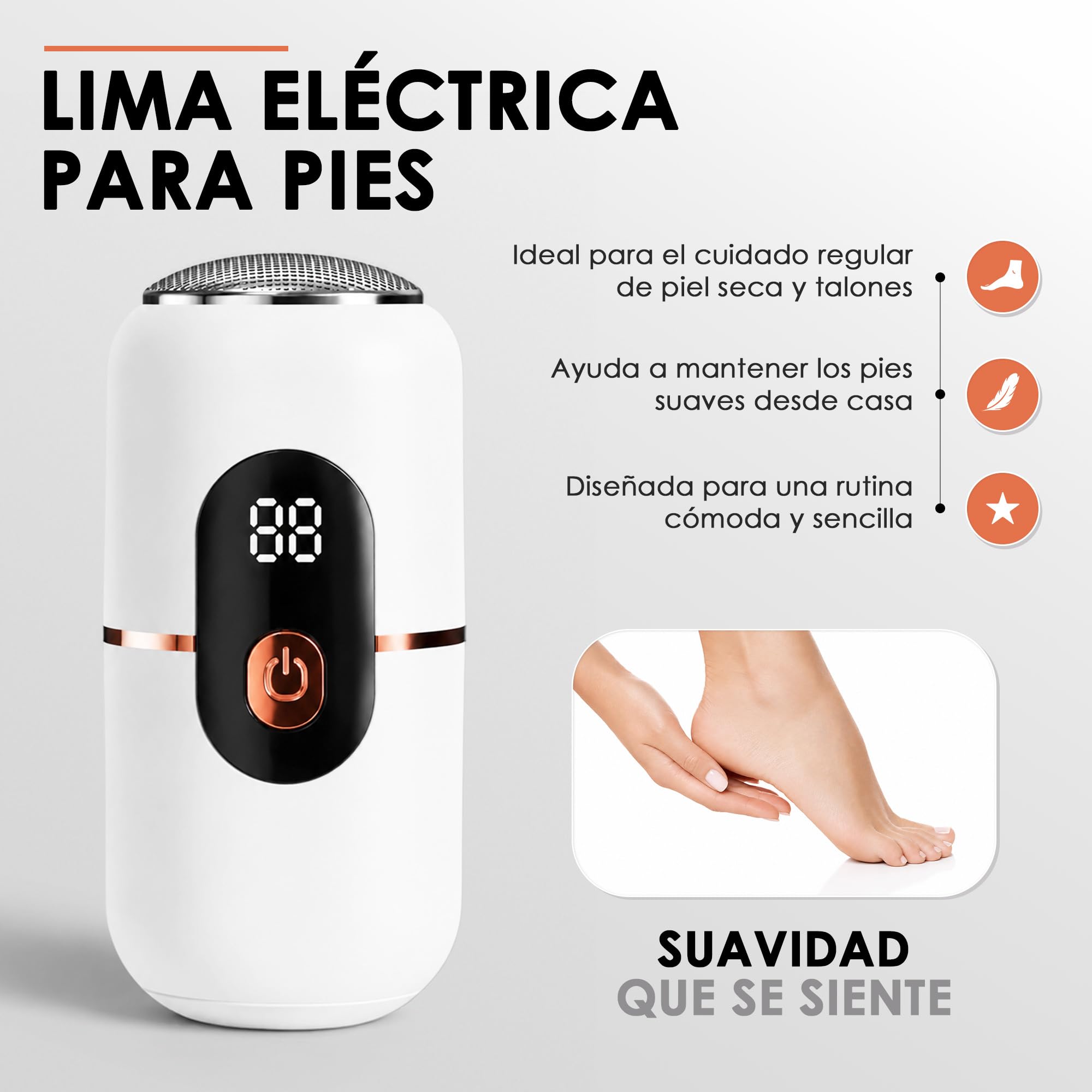 Lima eléctrica para pies, removedor de callos recargable e inalámbrico para piel muerta y talones ásperos, herramienta de pedicura de 3 velocidades con 2 cabezales de pulido reemplazables