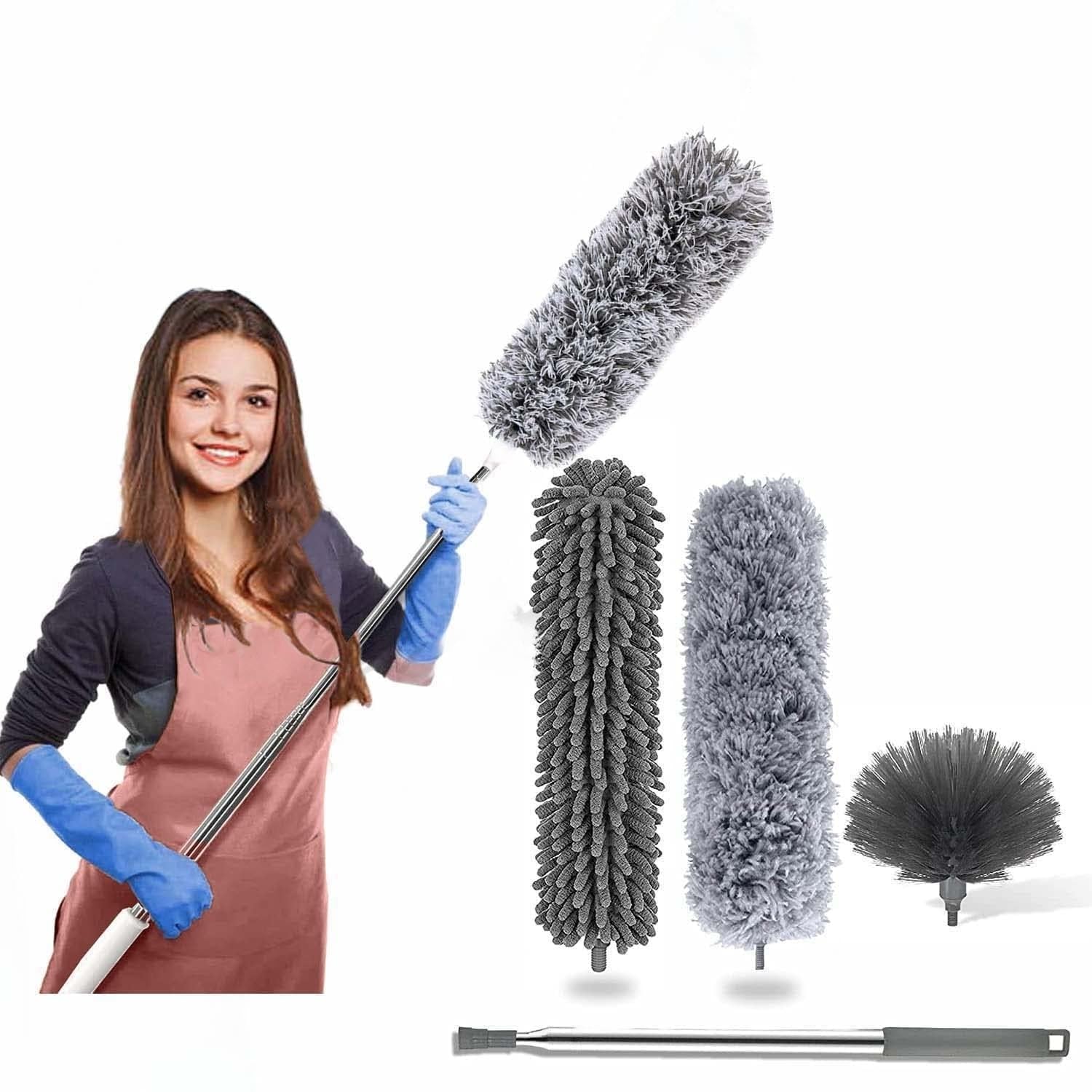Tech Logo Electronics 3 in 1 Microfiber Feather Duster 4Pcs - Bendable & Extendable Fan Cleaning With 100 Inches Expandable Pole Handle - Washable High Ceiling Fans Stainless Steel