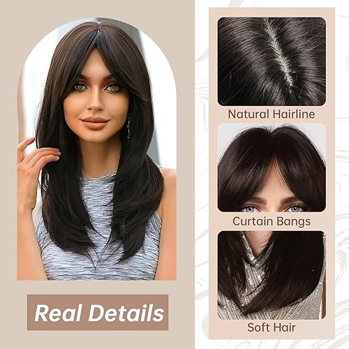 Miniatura 3 de Allbell Pelucas de cabello natural sintético sintético resistente al calor con flequillo, color negro y marrón con flequillo, para mujer