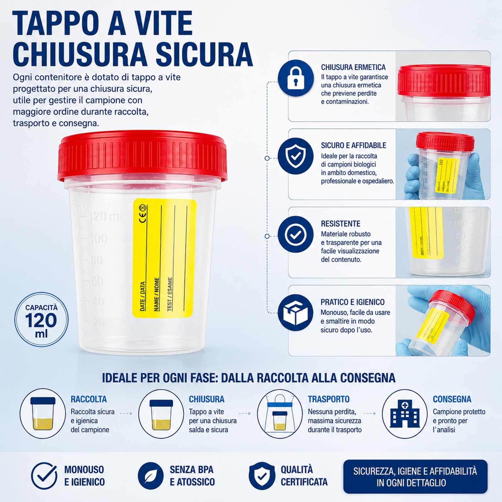 Topolenashop 4 Contenitori Urine Sterili 120 ml con Tappo a Vite ed Etichetta – Vasetti Monouso per Analisi Urine, Urinocoltura ed Esami di Laboratorio, Made in Italy