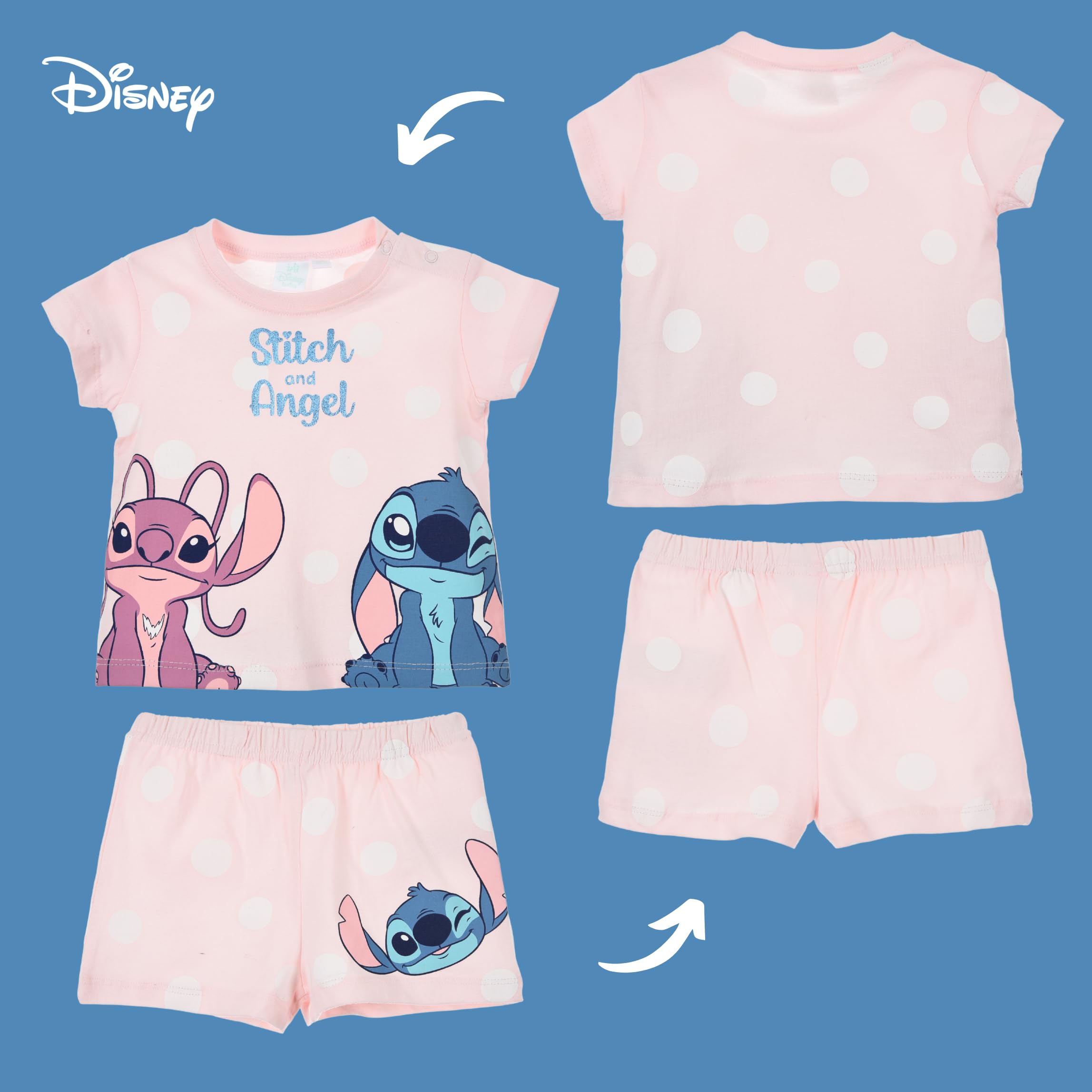 Disney Stitch und Angel T-Shirt und Shorts für Babys Mädchen, 2-Teiliges Pyjama-Set aus Weicher Baumwolle für Babys, Größen 6 bis 24 Monate