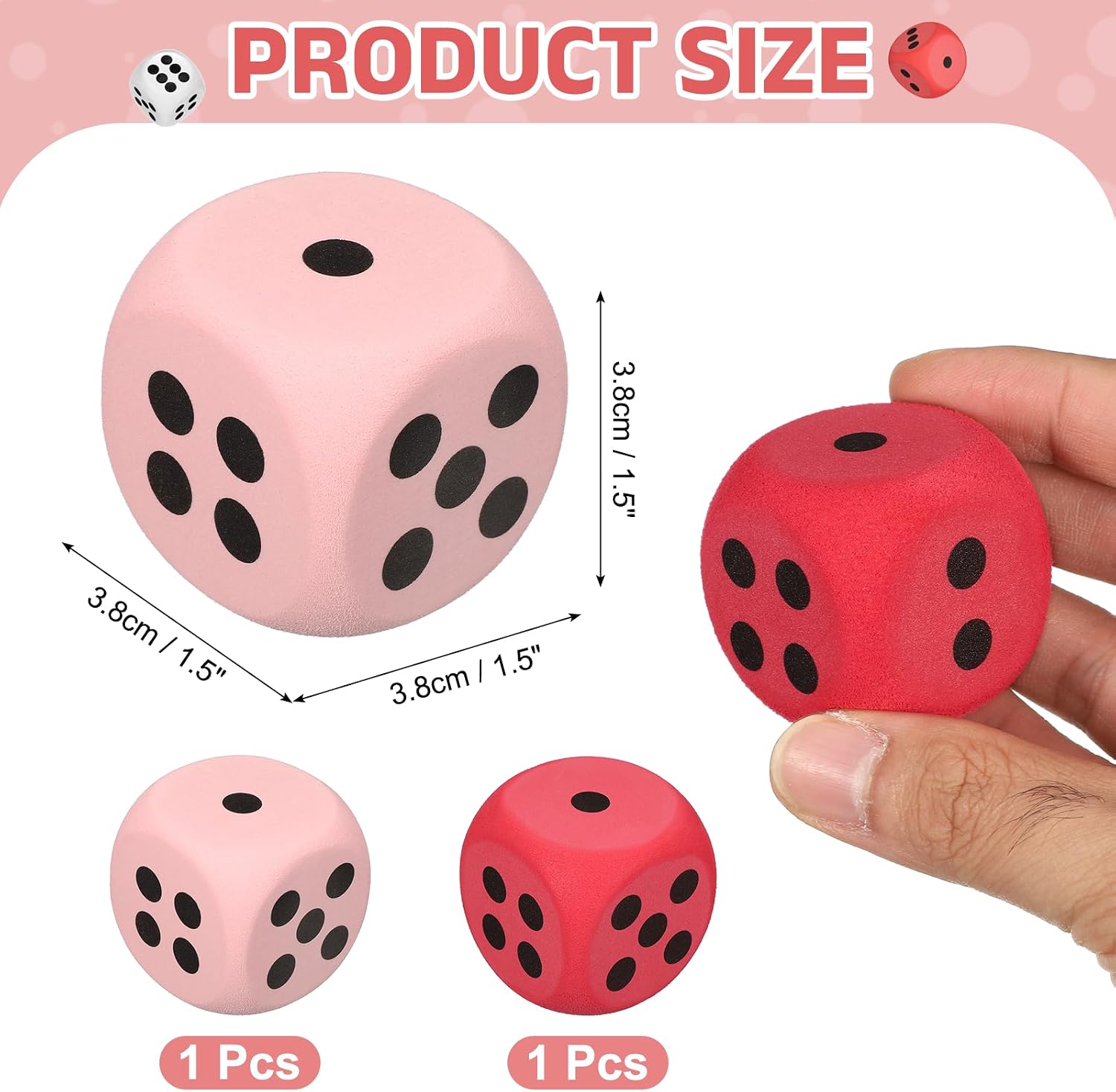 uxcell 2Pcs Foam Dice, 3.8cm/1.5inch Eva 6-Sided Dice (Red, Pink) image 2