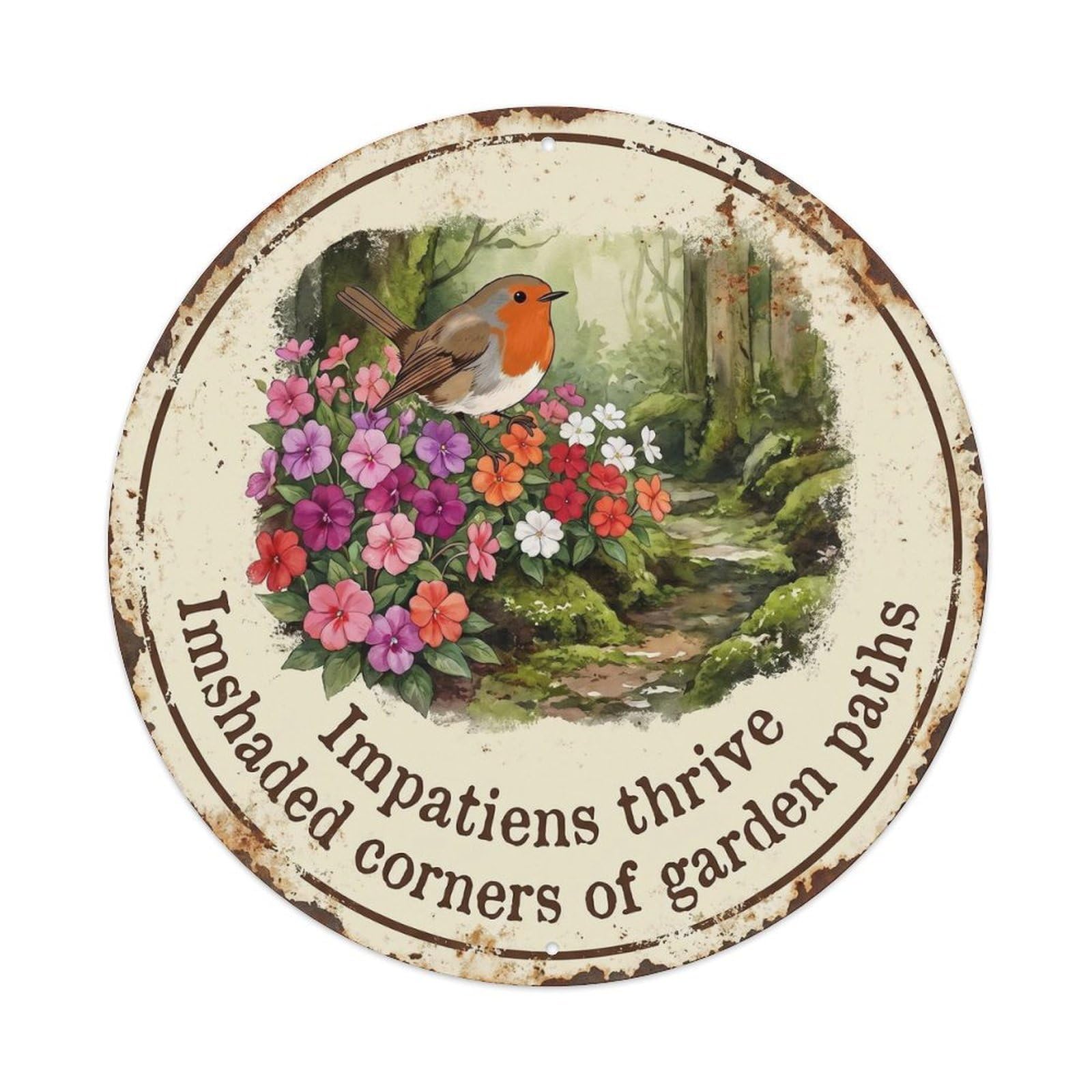 Robin Bird Garden Quote Impatiens CircleMetal Tin Sign