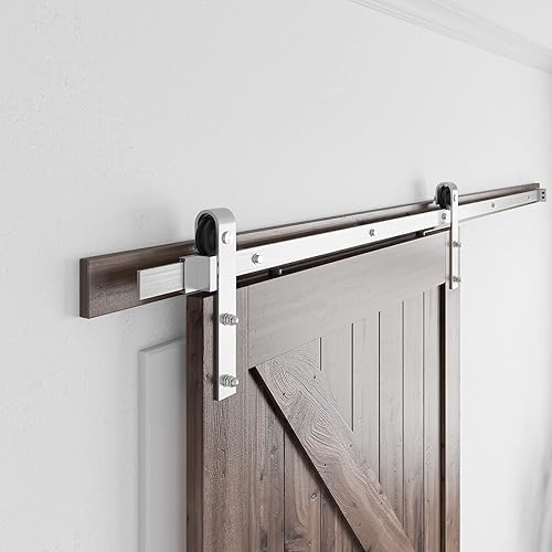 Miniatura 4 de SMARTSTANDARD Kit de herrajes para puerta de granero de níquel cepillado de 7 pies, pista deslizante resistente, suave y silenciosa, fácil de