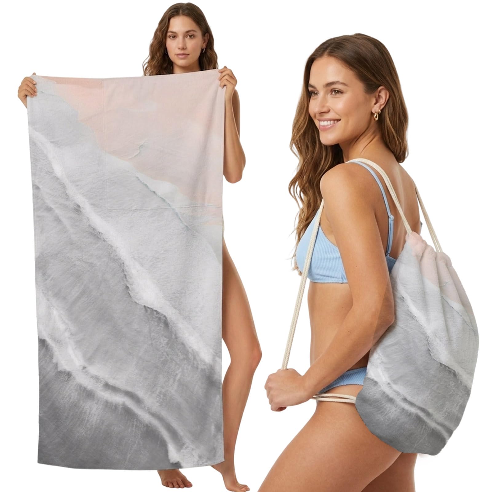 Beach Towel Bag 2 in 1 Grey Ocean Waves Bath Pool Towels Backpack Ombre Beach Spray Absorbent Beach Towel Soft Quick Dry Lightweight Packable Towels Drawstring Bag for Travel Camping Sports Picnic
