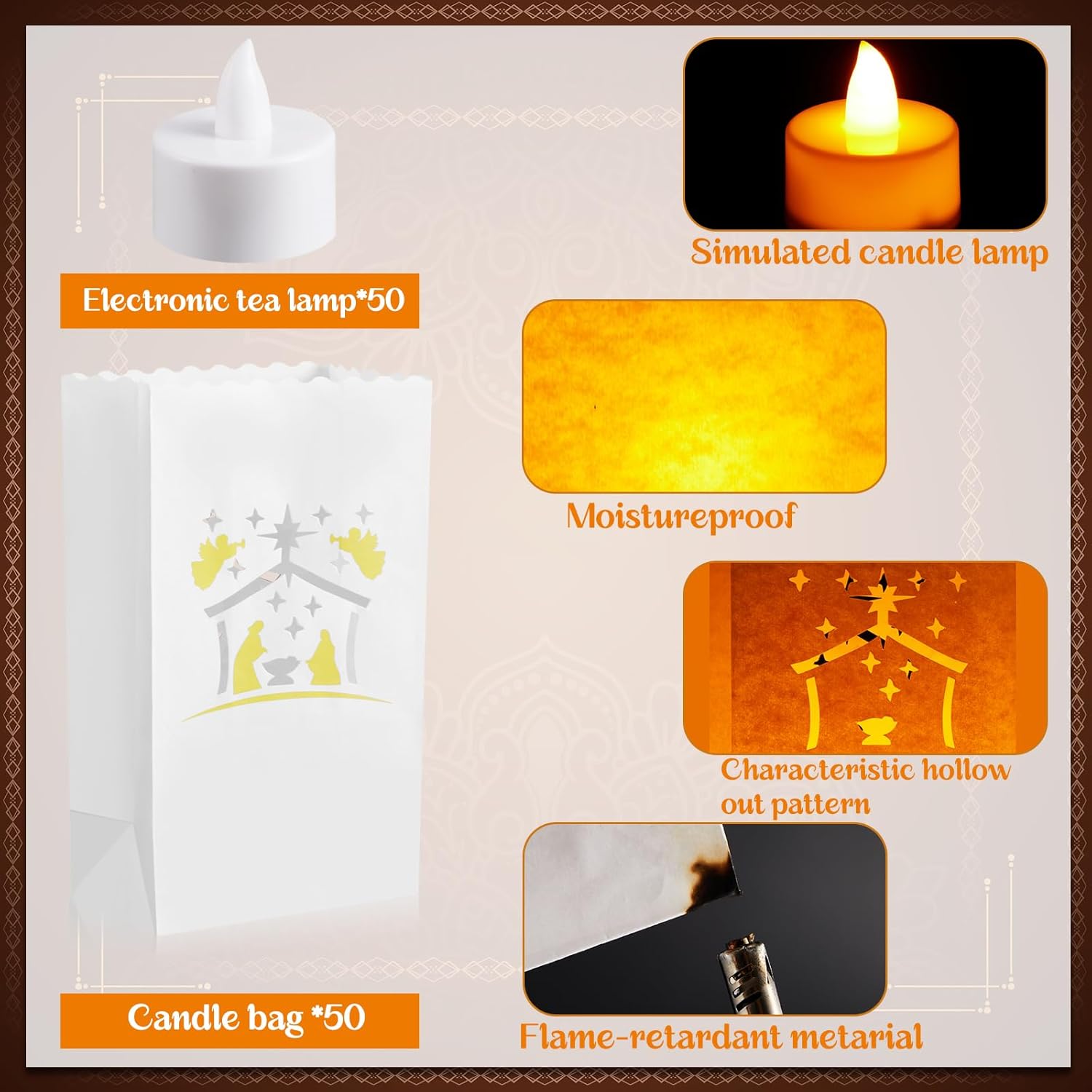 Crtiin 50 Set Christmas White Luminary Bags with Flameless Candles Fire Retardant Material Paper Lantern Candle Bags LED Tea Lights for Christmas Wedding Thanksgiving Party Decoration(Nativity)