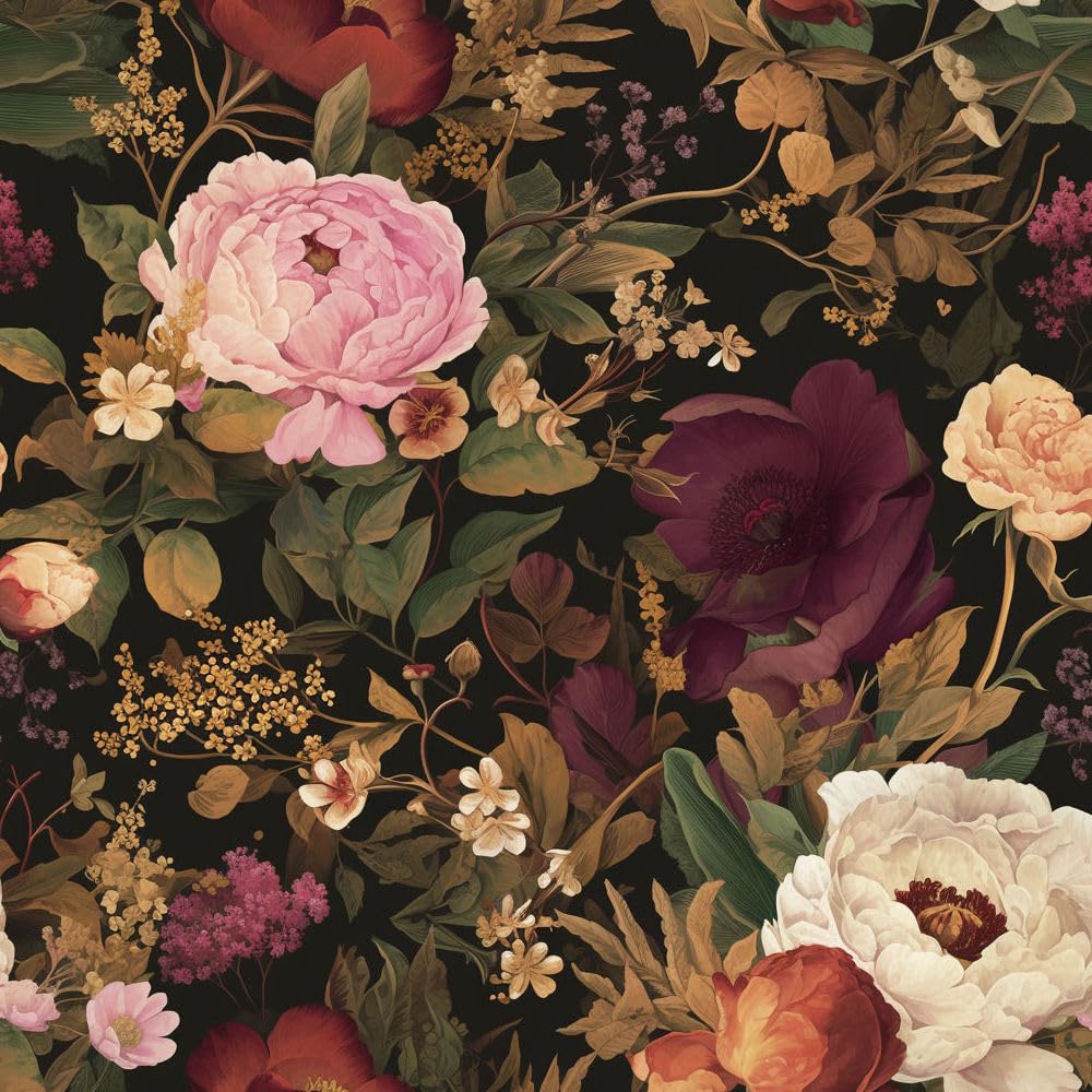 JIAOQSS Self Adhesive Wallpaper Dark Black Pink Floral Stick on Wallpaper Plum Floral Peony Flowers Renter Friendly Wallpaper Living Room Vinyl Wrap for Furniture Bedroom Removable Contact Paper