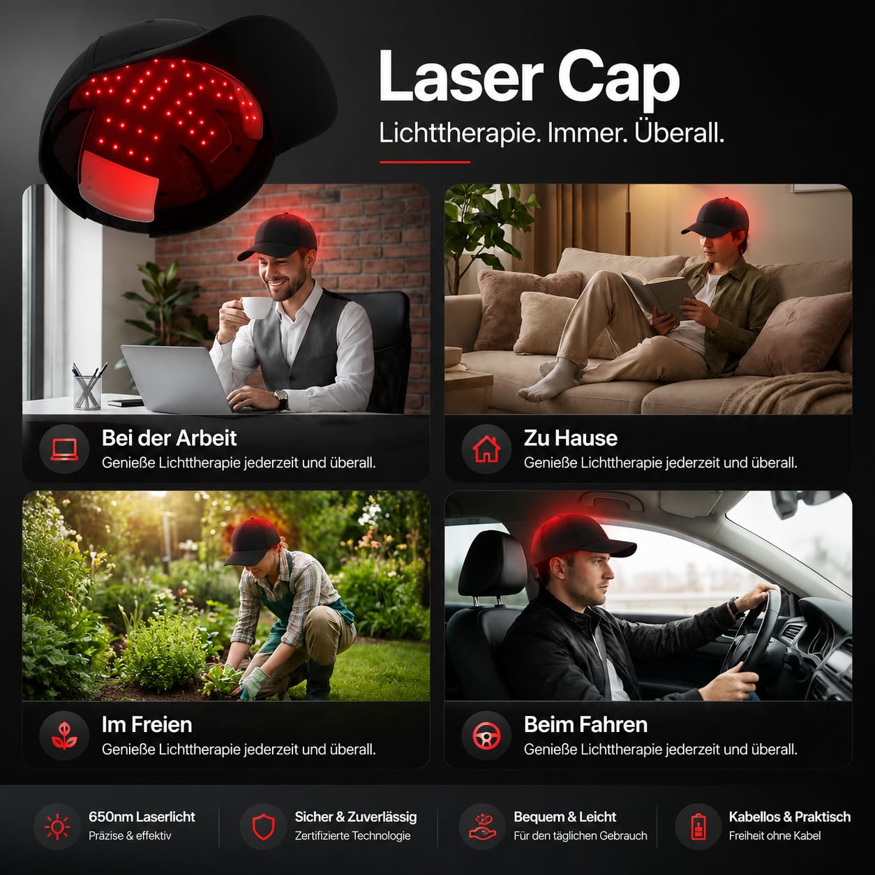 Rotlicht Haarwachstumskappe, 660nm+450nm+850nm Rotlicht Haare, Rotlichtlampe Haare Anti-Haarausfall, 4 Modi, Abnehmbarem Rotlicht Panel, Hair Growth Cap für Männer/Frauen