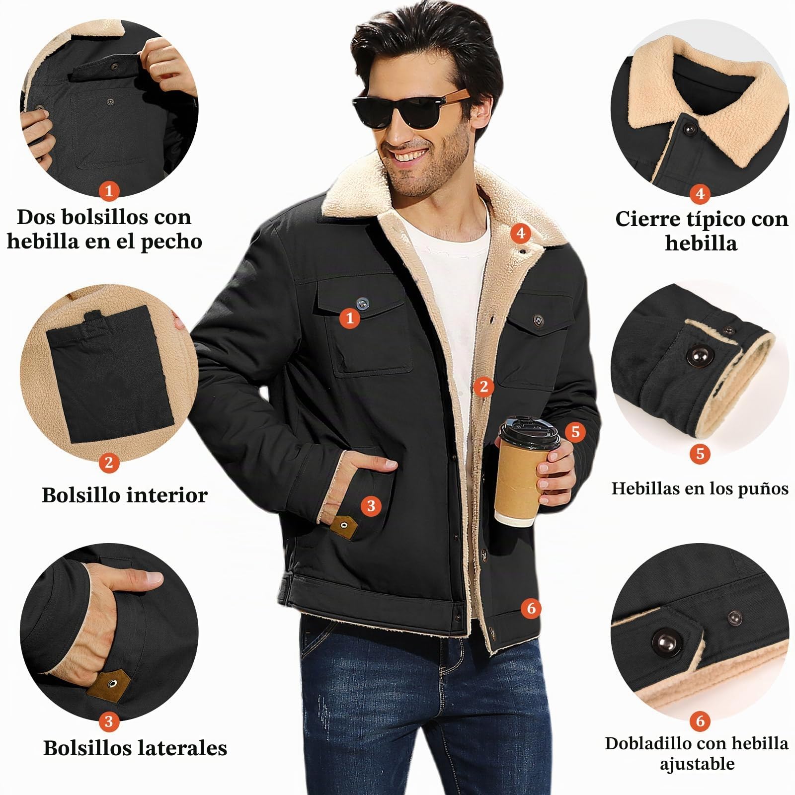 Voqeen Chaqueta de Invierno para Hombre Forro Polar Cuello con Solapa Chaqueta Cargo Térmica Militar Chaqueta de Combate Chaquetas Cortavientos Gruesas con 5 Bolsillos