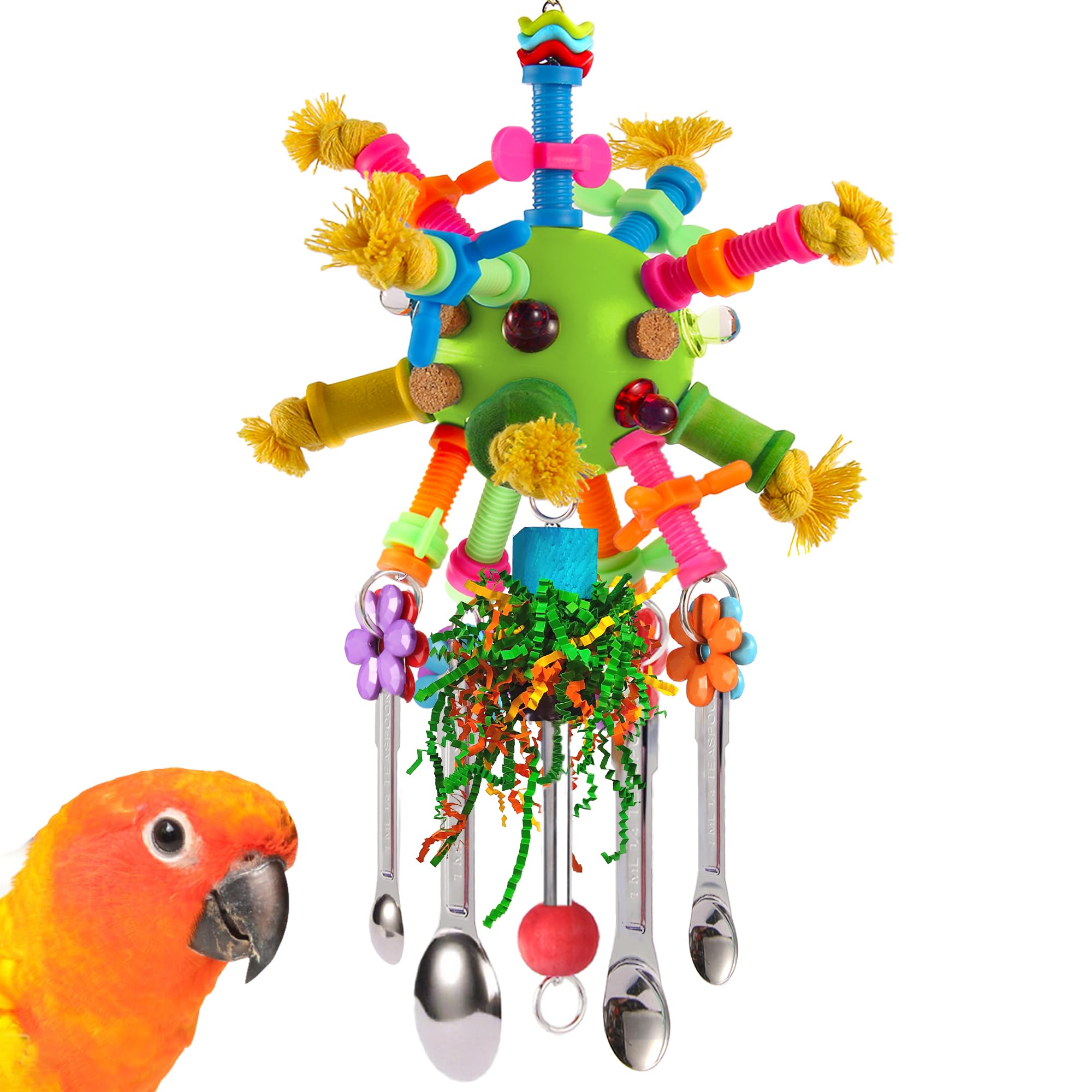 Parrot Toys Bird Toys Perch Pullable Stainless Steel Spoons Colorful Acrylic Stick Chew Toys for Amazons Mini Macaws African Greys Cockatoos Conures,Cockatiels,Lovebirds,Parrotlets and Other (green)