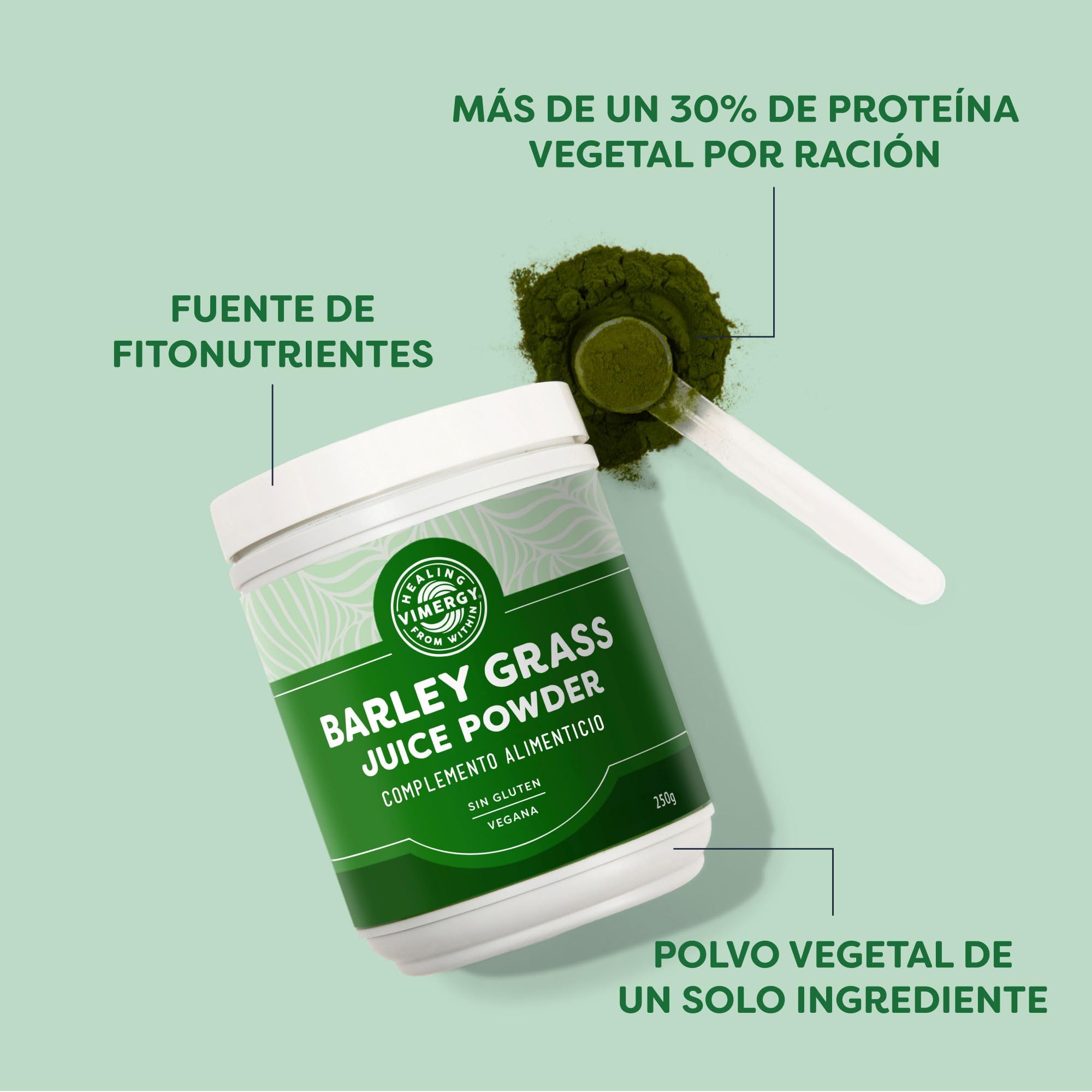 Vimergy Barley Grass Juice Powder – 250 g, 62 Dosis – Jugo de Hierba de Cebada en Polvo – Suplemento Vegano – Fórmula sin Agentes Antiaglomerantes, Rellenos, Saborizantes ni Azúcar – Sin OMG ni Gluten
