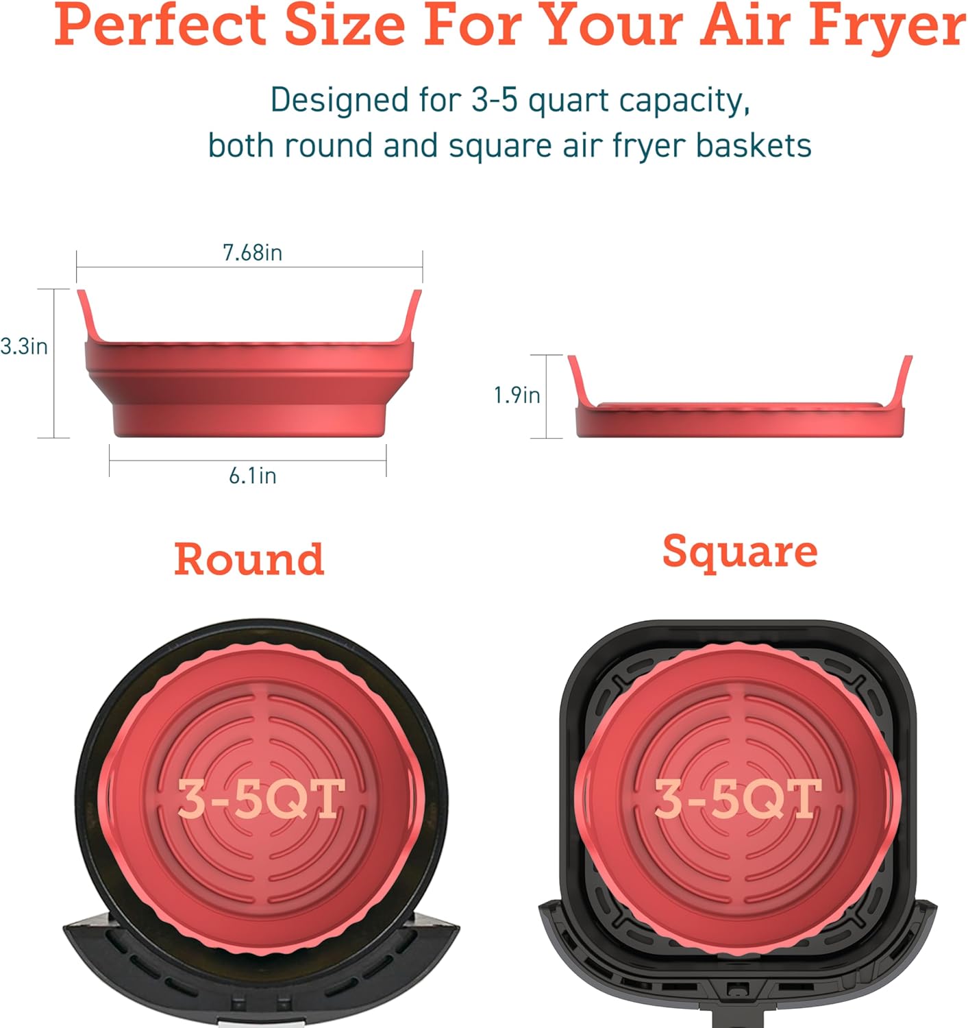 COSORI Air Fryer Silicone Liners for 3-5 Qt, Foldable 7.6 Inch Reusable Basket, Certified Food Grade Accessories, Resistant up to 450°F​, Thickened & Durable, Non-stick Dishwasher Safe, Gloves, 2 Pcs