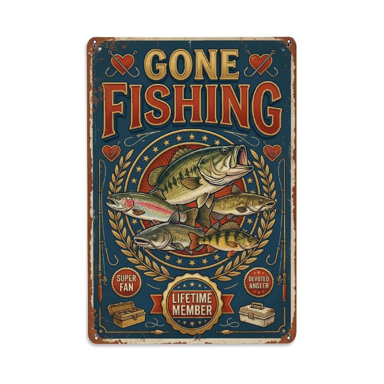 Gone Fishing Lover Enthusiast Vintage Metal Tin Sign Plaque Wall Decor for Cafe, Club, Garden Metal Poster 8x12Inch
