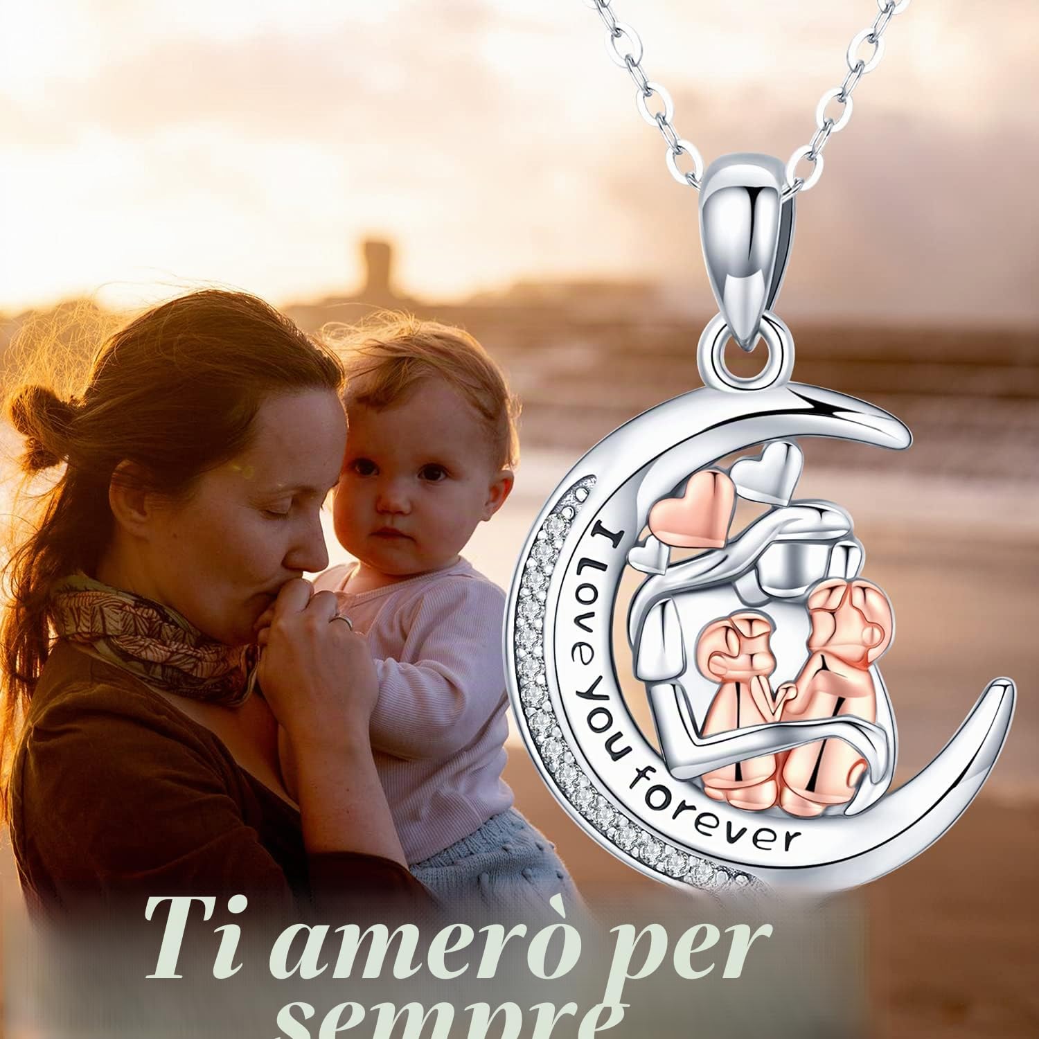 Collana Madre e Figlio in Argento Sterling 925, Collana con Ciondolo Cuore Amore Madre e Figlia, Regalo Gioielli per Donna Mamma Madre Fidanzata Moglie Nonna Figlia