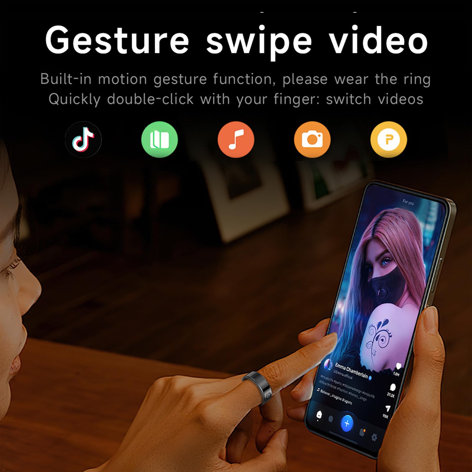 Smart Ring Touch - Bague de fitness - Pour homme et femme - Montre intelligente - Android iOS - Tracker de sommeil - Podomètre - Fréquence cardiaque - SpO2 - Étanche - Scrolling - Tracker d'activité