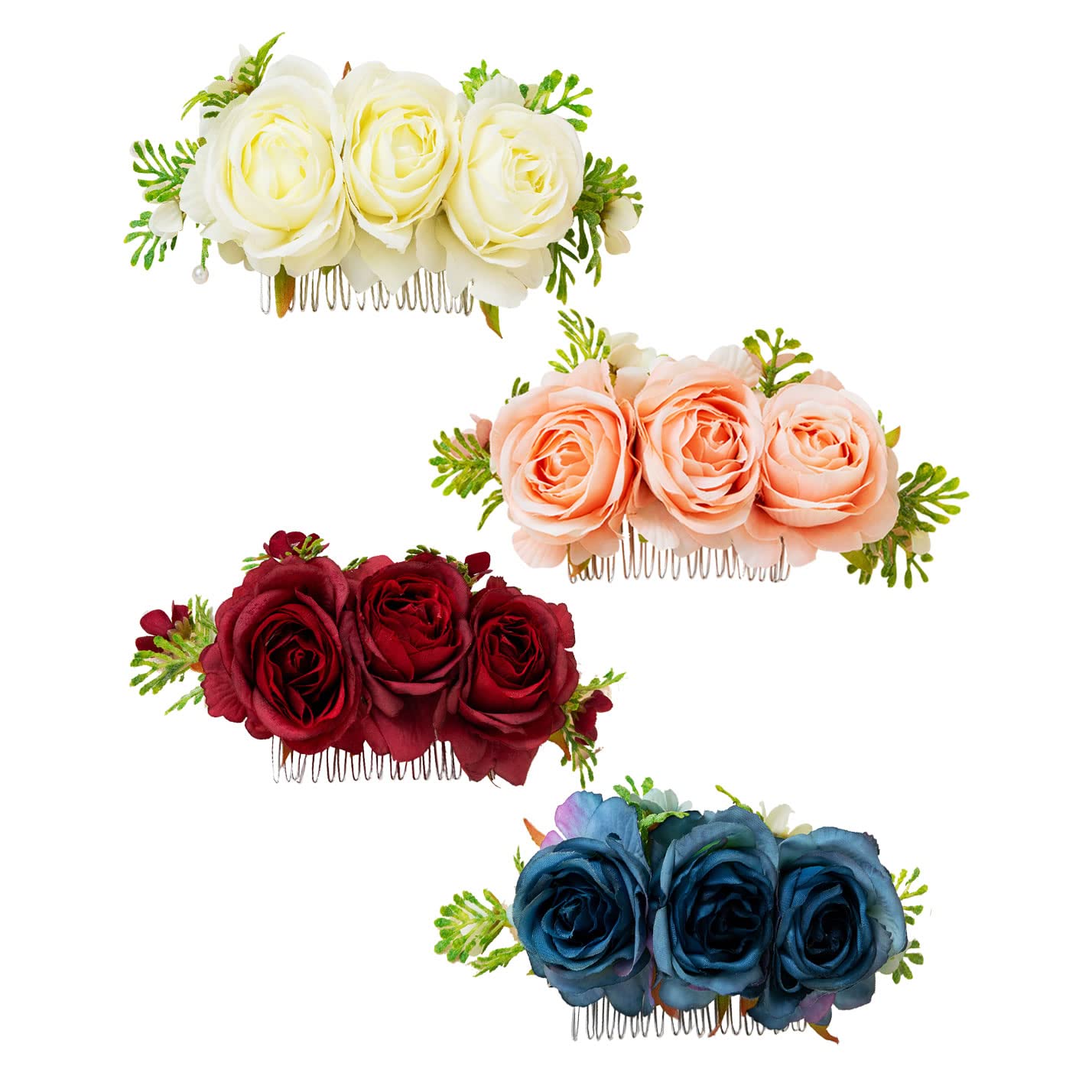 Cinaci 4 Pack Metal Hair Side Combs Slides with Artificial Rose Flower Floral Wedding Bridal Clips Headpieces Hairpins Barrettes Bun Chignon Hair