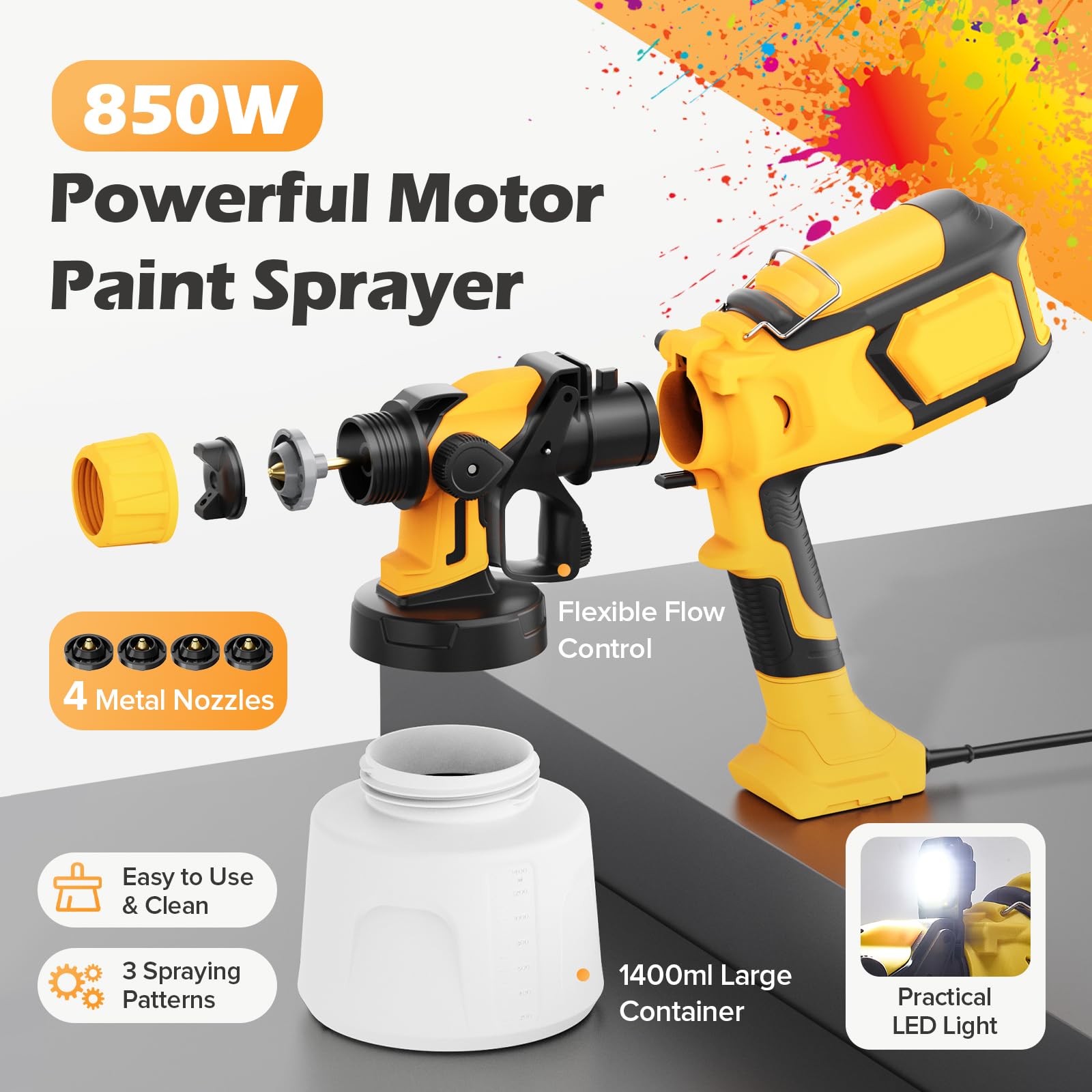 850W Pistolet à Peinture Professionnel, HVLP Pistolet Peinture Électrique 1400ML avec 4 Buses et 3 Motifs, Pulvérisateurs de Peinture Réglable pour Meubles, Clôtures et Murs