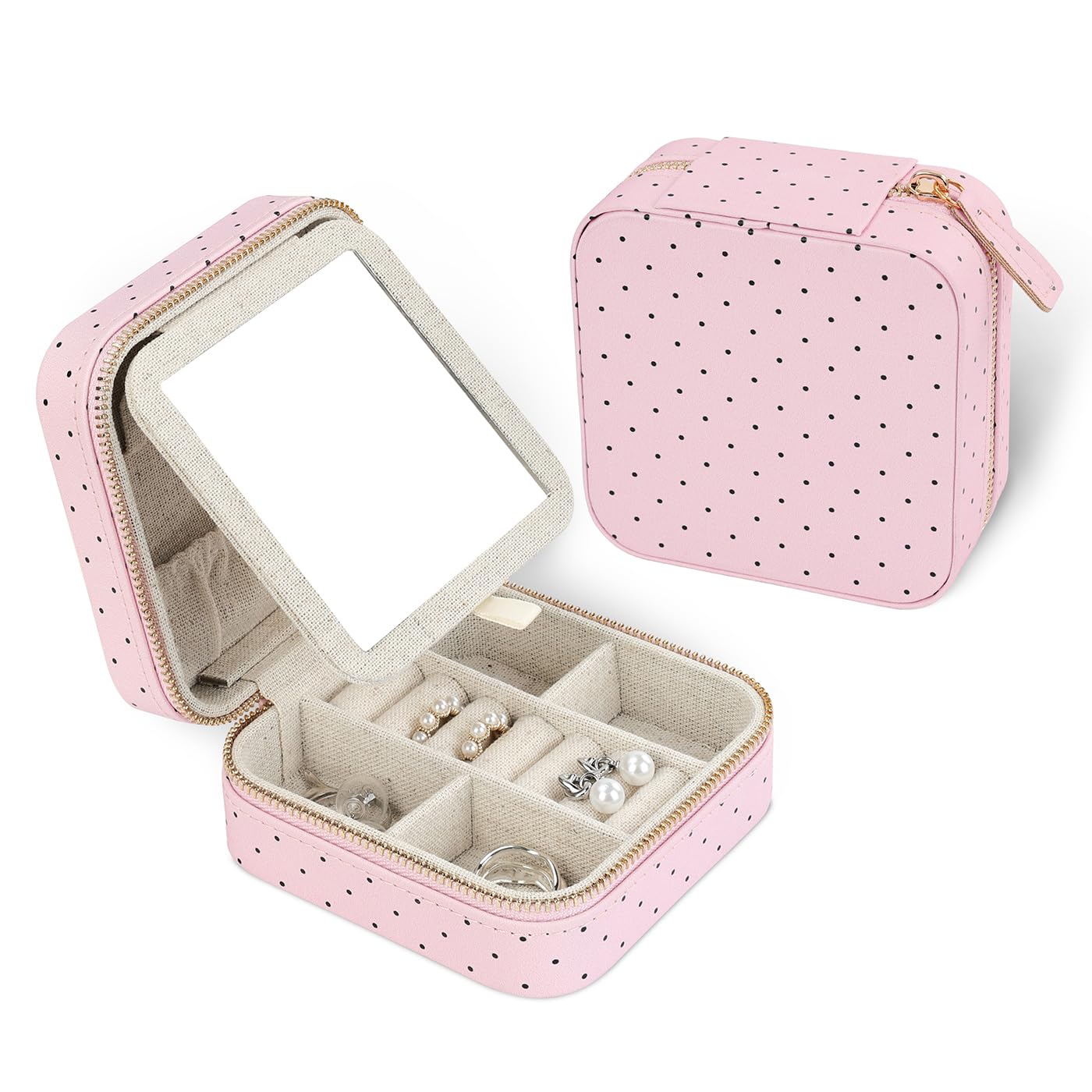HDE Girl's Travel Jewelry Case Faux Leather Mini Organizer Box with Mirror Gift - Pink Polka Dots