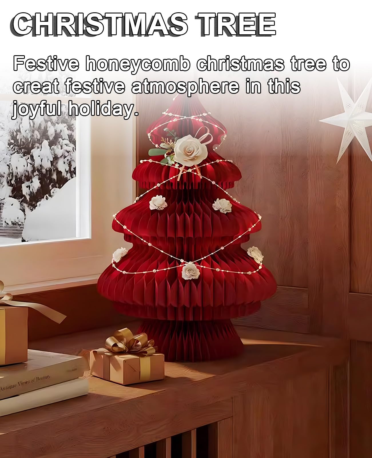 Árbol De Navidad De Papel Plegable Rojo, Árbol De Navidad En Forma De Panal, Árboles De Navidad para Fiesta En Casa(14.1x21.2 in)
