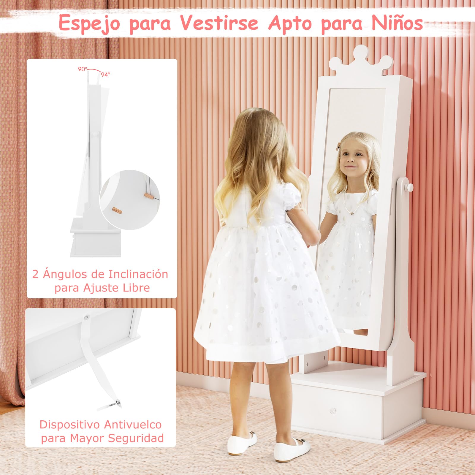 COSTWAY Armario de Joyería para Niños con Espejo y 3 Cajones, 2 Ángulos de Inclinación Ajustables y Sistema Antivuelco, Espejo Vestidor con Forma de Corona para Niños de 3+ Años (Blanco)