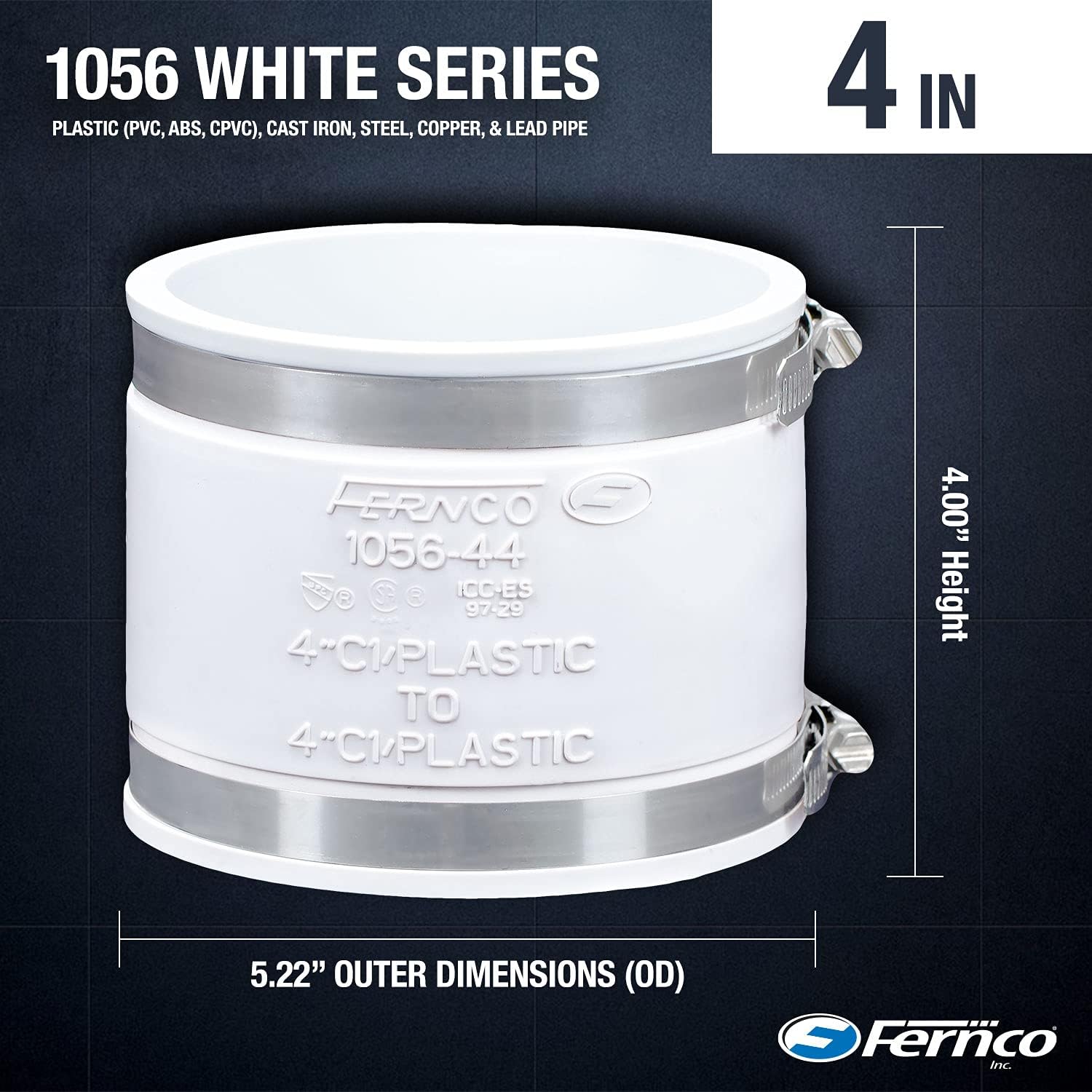 Fernco 1056-44W 4-inch Flexible Pipe Coupling Plumbing Plastic PVC ABS, Cast Iron, Lead in White