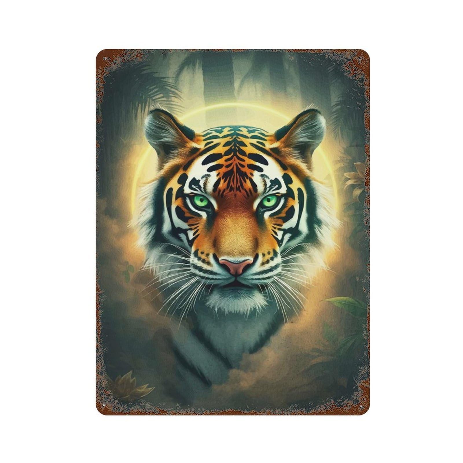 Garage Style Tiger Portrait Golden Halo Vintage Rust Metal Sign 15.7"x11.8", Vintage Wall Decor for Bar And Workshop