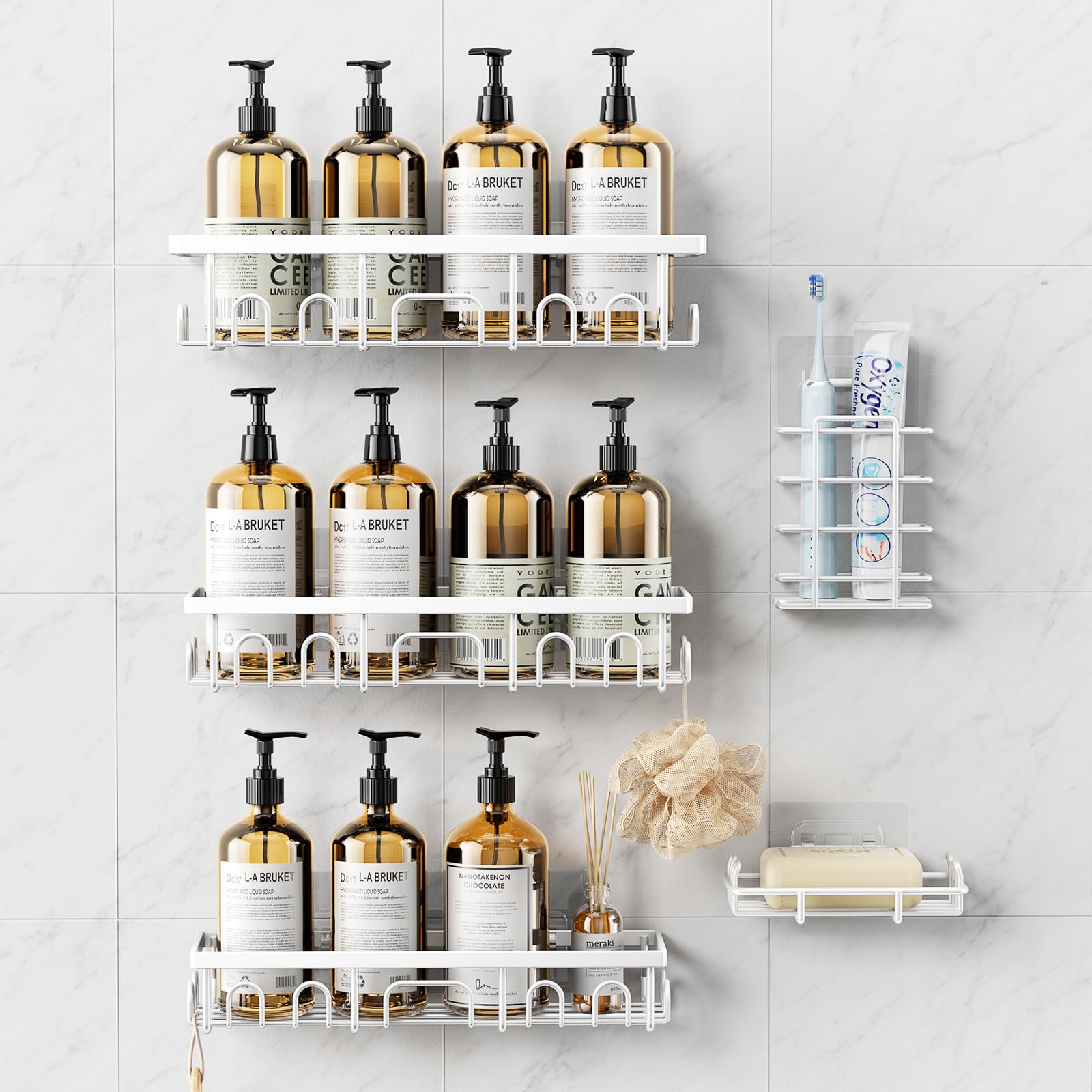 Deyhoc 5 Pack Rustproof Stainless Steel Shower Caddy, Bathroom Storage Accessory Shelf Organiser Adhesive No Drilling Hanging, Soap Holder Set, Kitchen Wall Mounted Corner Decor, White