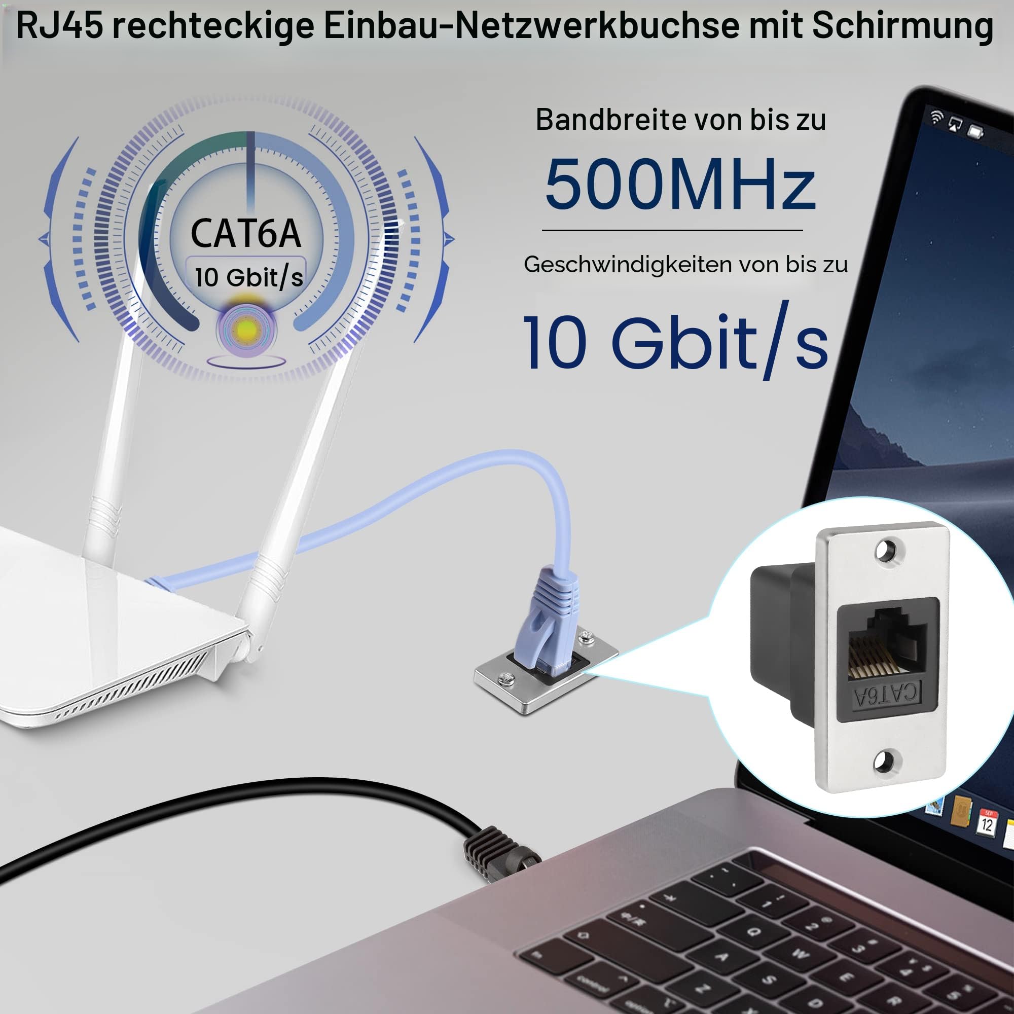 QIANRENON RJ45 Rechteckiges Netzwerkpaneel Adapter Cat6A Buchse auf Ethernet-Buchse Montageschirmte Steckdose, für Desktop-Geräte Wände