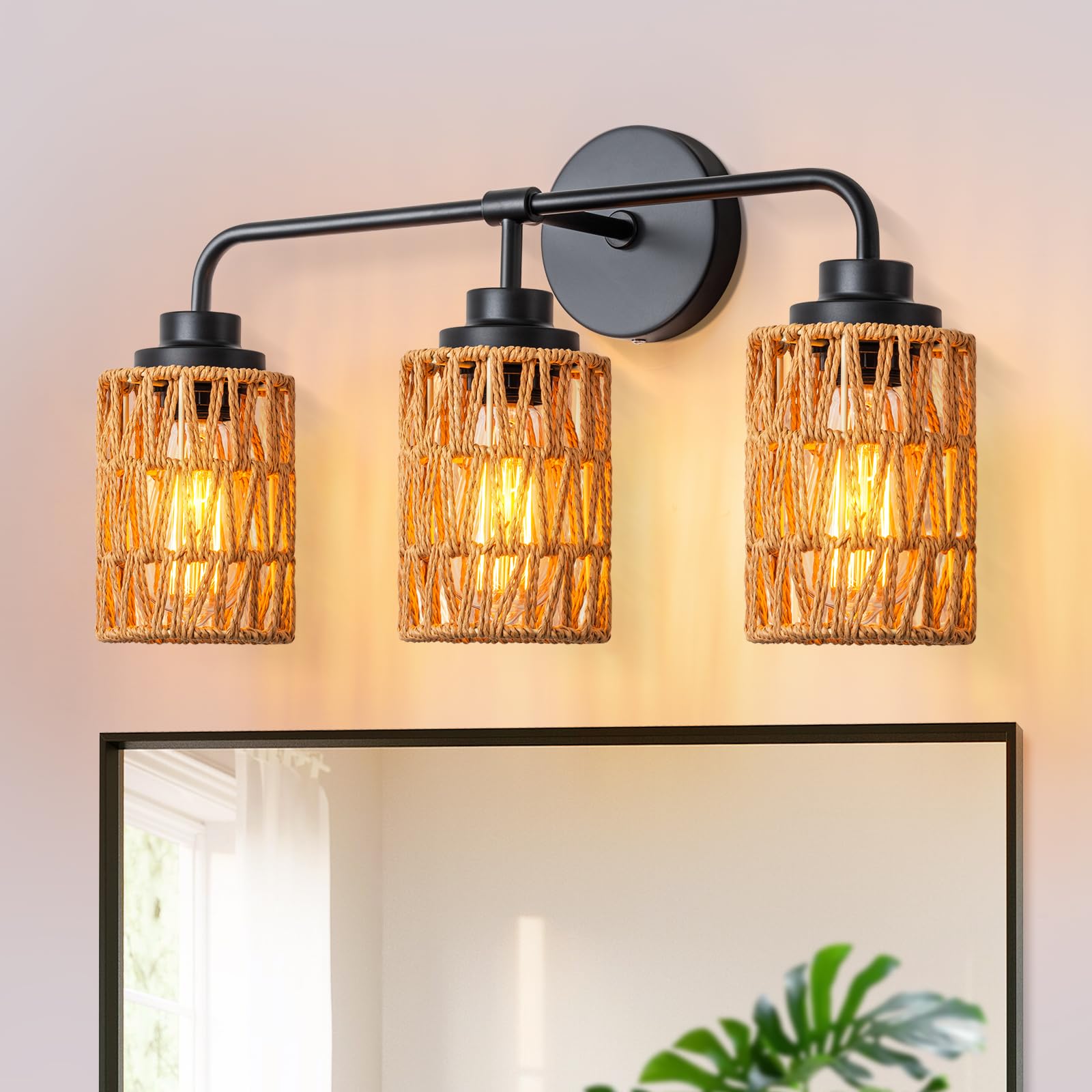 3-Light Bathroom Light Fixtures Vanity Lights Over Mirror, Rustic Farmhouse Rattan Wall Sconce with Boho Hand Woven Wall Lamp Natural Style Wall Mounted Light Vanity Lighting for Bedroom Hallway