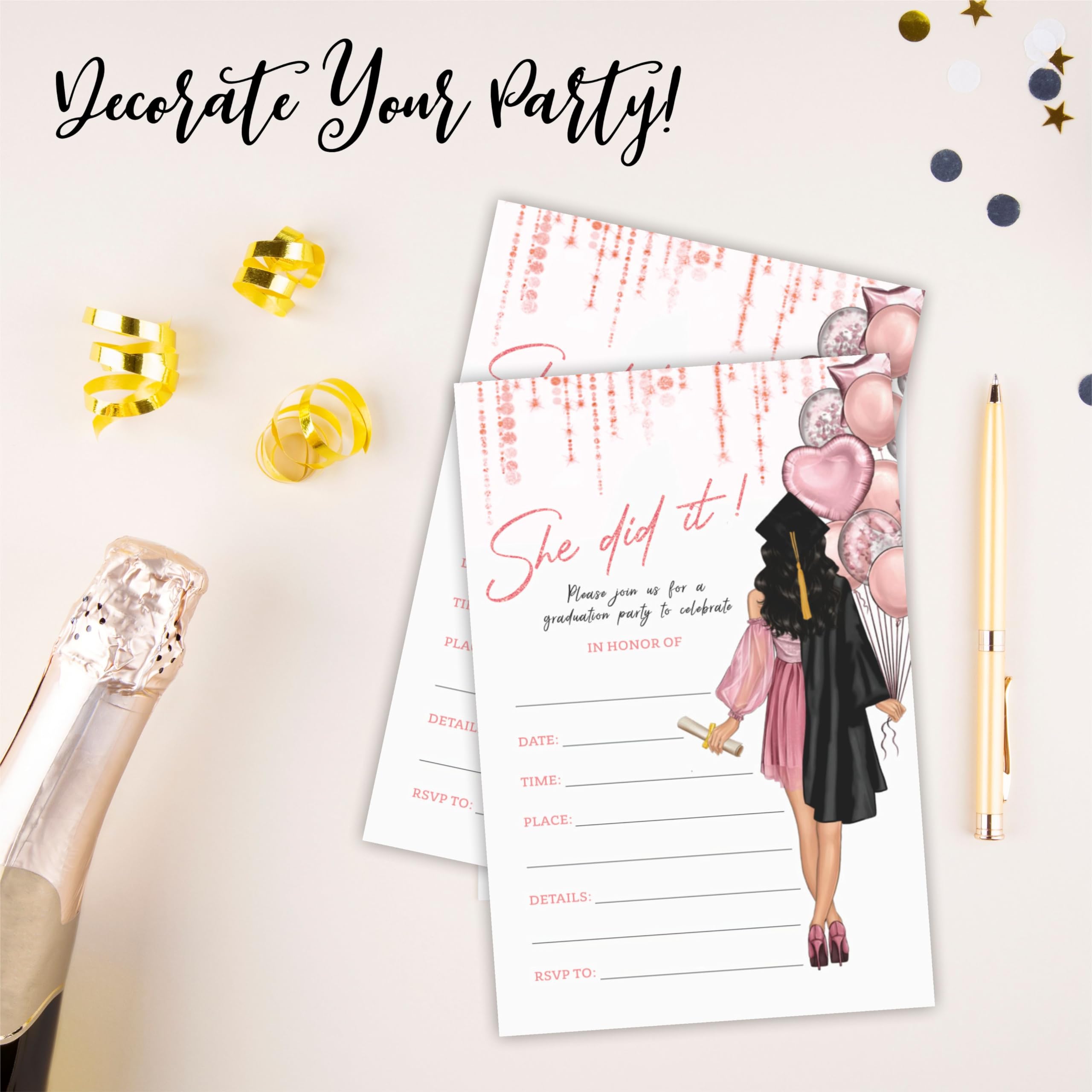 Graduation Party Invitation Cards 2026 - Pink Balloons & Grad Girl She Did It
