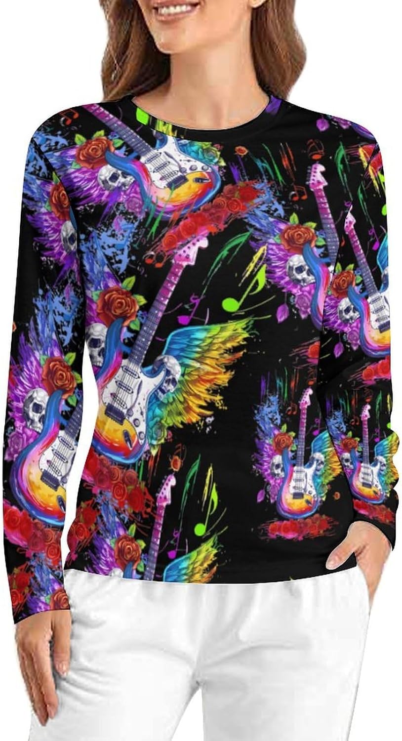 Electric Guitar with Wings Skull Roses Women's Pajama Top Sleepwear Pajamas Sleep T-Shirt Long Sleeve Shirt Crewneck Tee