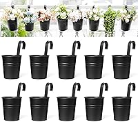 Dahey 10 Pack Metal Hanging Flower Pots - Iron Bucket Planters with Detachable Hooks for Railing, Balcony, Fence - Black 4 Inch