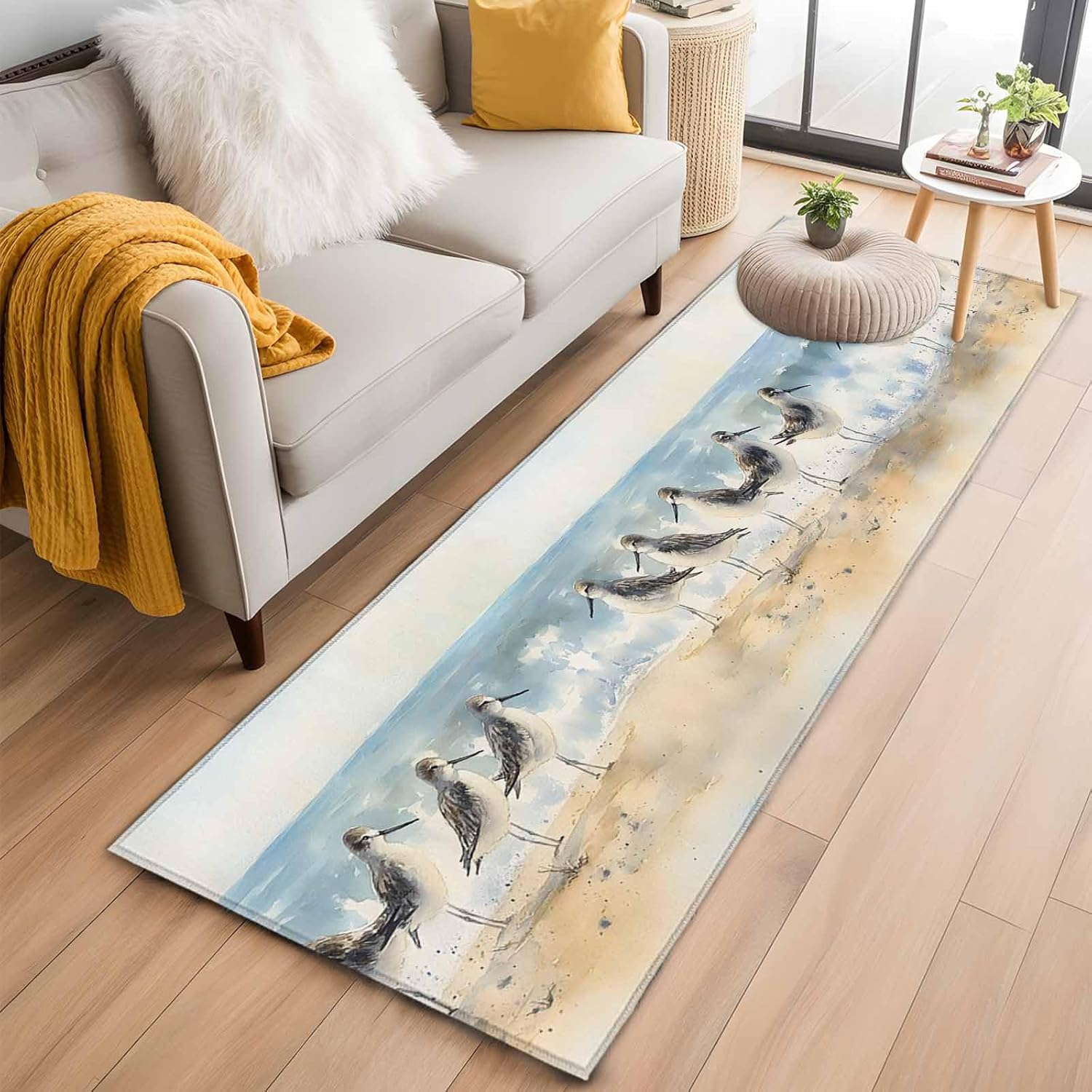 Coastal Seagull Runner Rug 2x6 Washable Kitchen Rug Non-Slip Lightweight Thin Soft Low Pile Bathroom Runner Blue Ocean Summer Birds Oil Painted Carpet for Hallway Laundry Room Bedroom Entryway