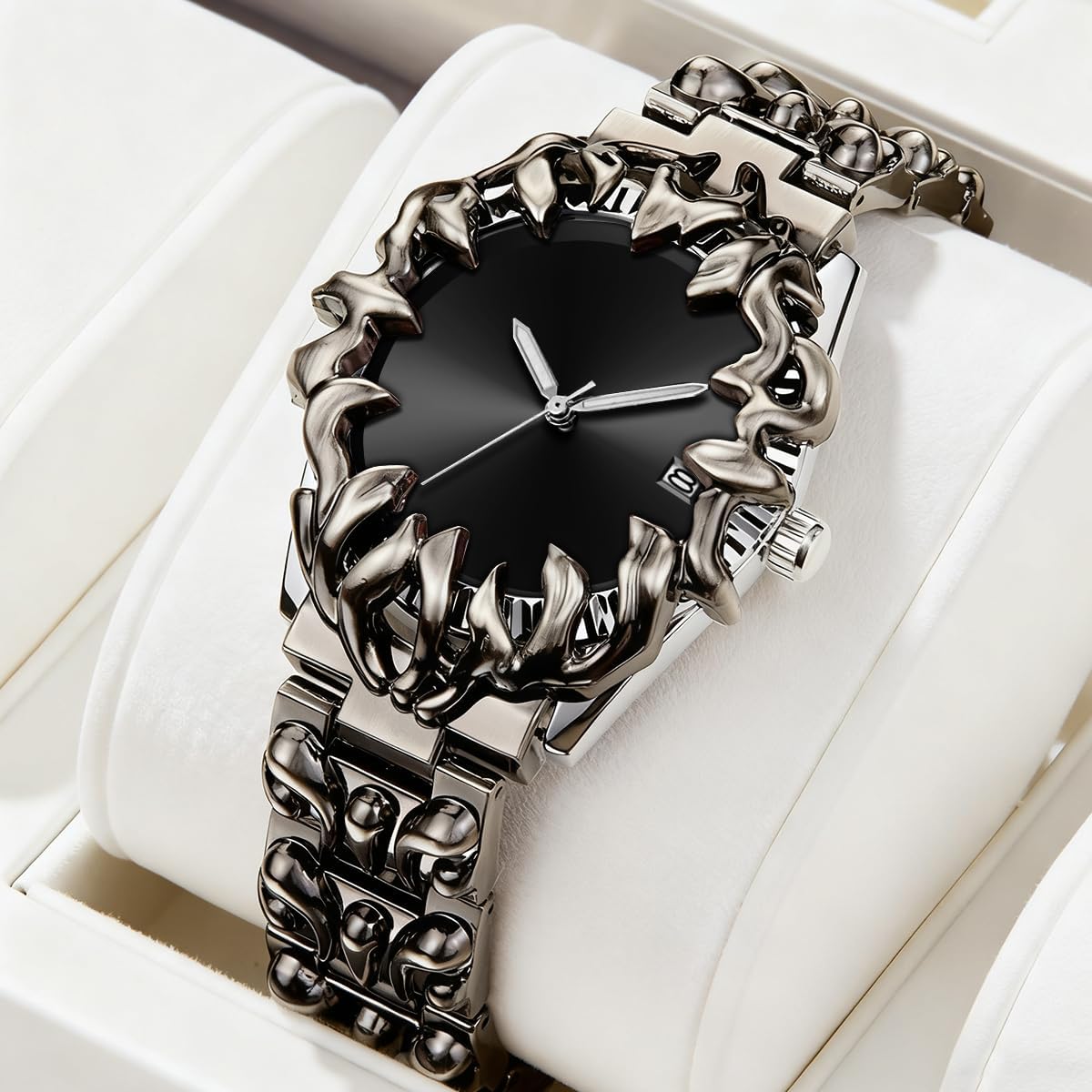 CARLIEN Gothic Claw Watch for Men – Unique Stainless Steel Wristwatch, Luminous Hands, Waterproof Quartz Movement, Futuristic Melting Style, Cool Red & Green Color Options