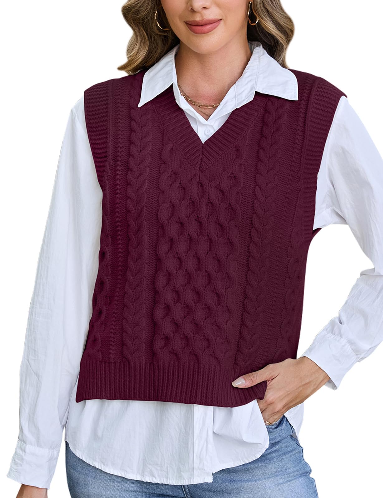 Tanst Sky Womens Sweater Vest V Neck Sleeveless Solid Casual Cable Knit Pullover Tops