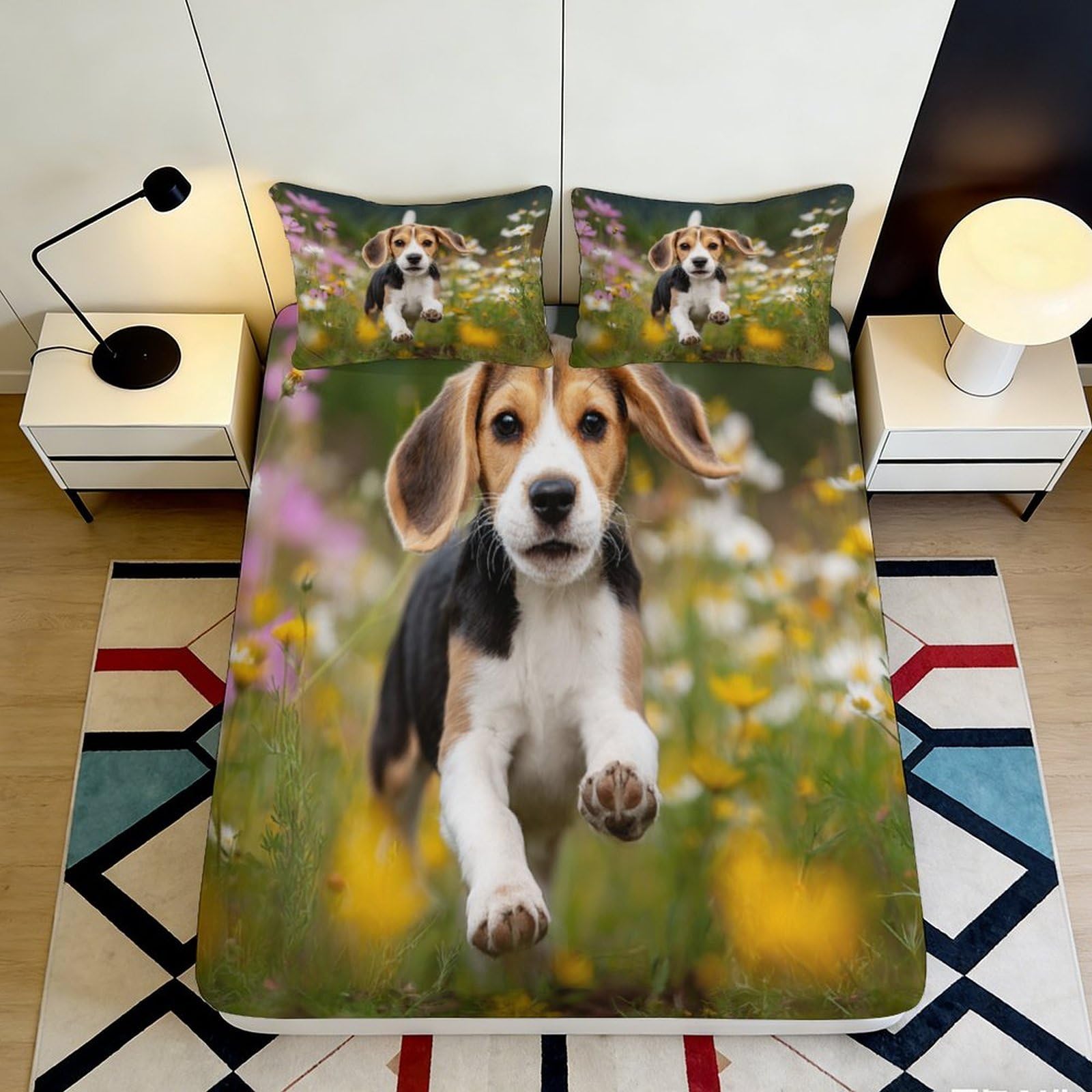 Pnayamiorkfel Style-9 3D Printed Beagle Puppy Meadow Fitted Sheet Microfiber Non Slip Vibrant Wildflowers Mattress Cover For Bedroom Decor 90X200x25cm