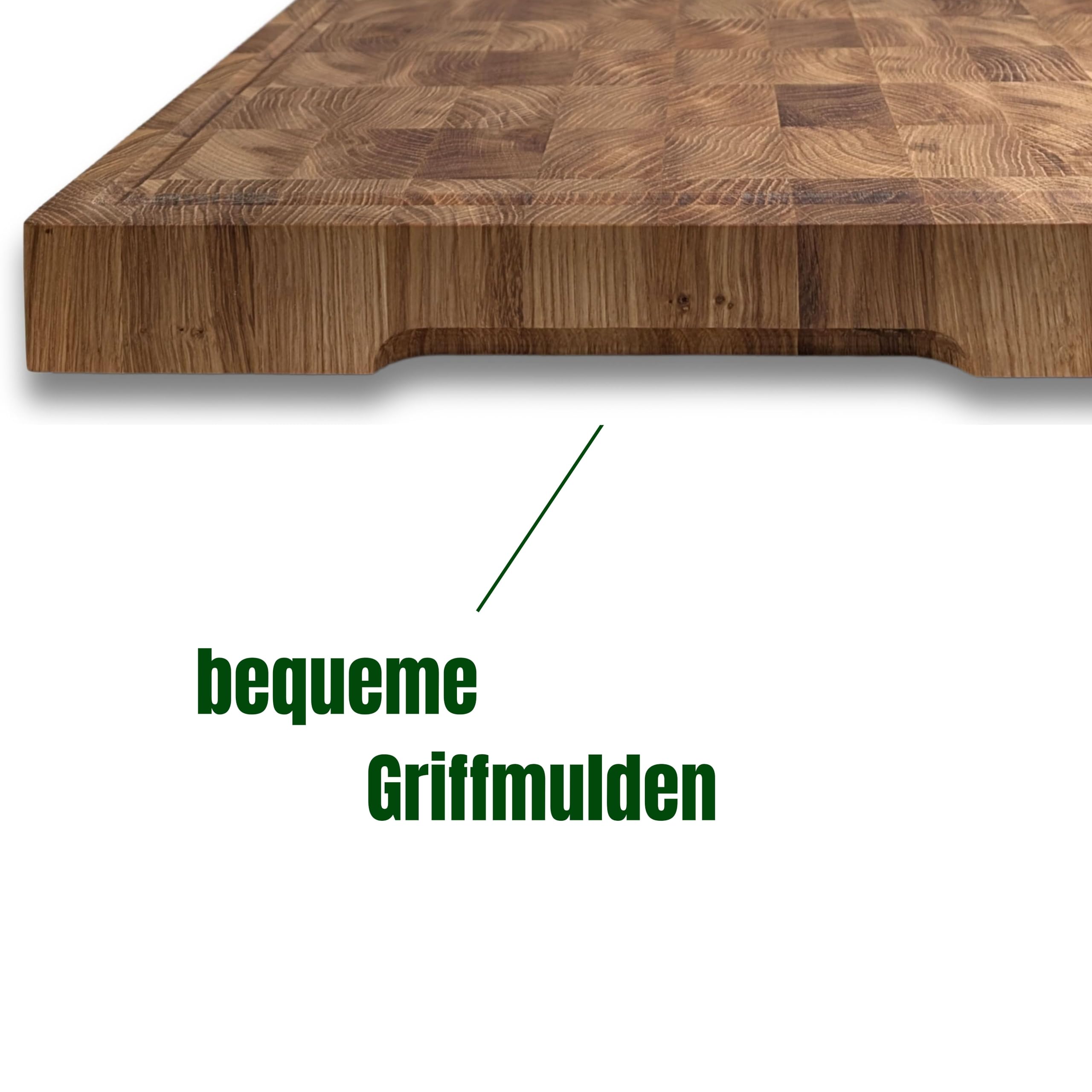 XL Premium Stirnholz Schneidebrett Eiche 50x40x4,5 cm mit Saftrille – Massives Küchenbrett Holz mit Griffmulden & Silikonfüßen – Schneidebrett Eiche massiv